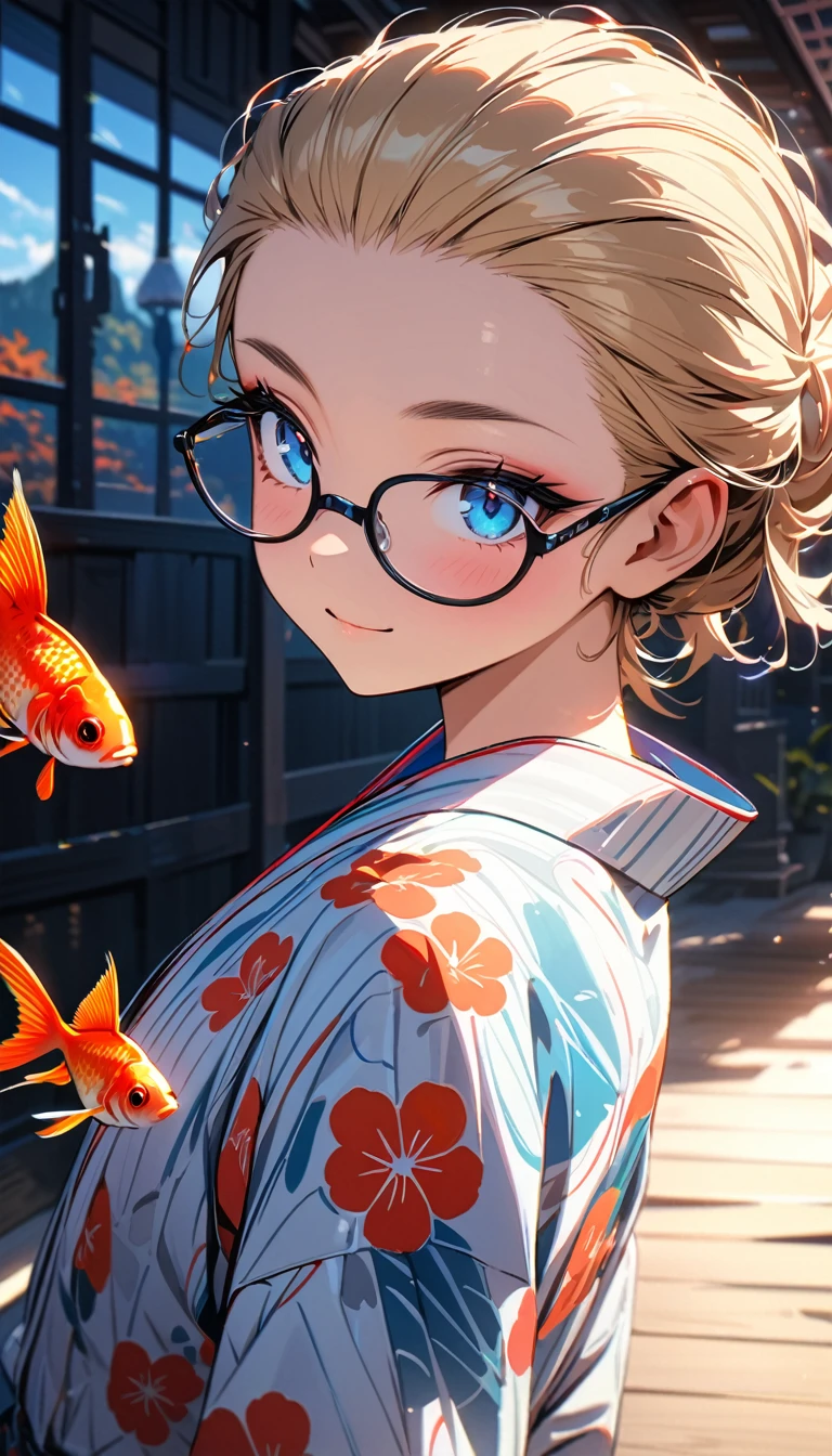 Speedy Shot,(Top quality masterpiece),detailed,ultra detailed,hyper detailed,insanely detailed,Exquisite,Beautiful Full HD,16k,cute,Fantasy,A vibrant academic community,Soft line design,Soft　Surface,Simple line drawing,The best light,Fast Shutter Speed,  depth of border described,Highly saturated colors,Vibrant colors,Vibrant colors,BREAK,
(12yo),skinny,flat chested,(forehead,hair slicked back:1.3),Beautiful blonde hair,(blue eyes),(black nodoka glasses),thick bluish eyeshadow, thin eyebrows, thick black eyeliner, Highlighted eyes with eyeliner, false eyelashes,light smile,BREAK,
(Goldfish pattern yukata),wearing japanese yukata,