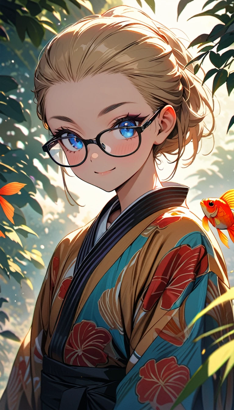 Speedy Shot,(Top quality masterpiece),detailed,ultra detailed,hyper detailed,insanely detailed,Exquisite,Beautiful Full HD,16k,cute,Fantasy,A vibrant academic community,Soft line design,Soft　Surface,Simple line drawing,The best light,Fast Shutter Speed,  depth of border described,Highly saturated colors,Vibrant colors,Vibrant colors,BREAK,
(12yo),skinny,flat chested,(forehead,hair slicked back:1.3),Beautiful blonde hair,(blue eyes),(black nodoka glasses),thick bluish eyeshadow, thin eyebrows, thick black eyeliner, Highlighted eyes with eyeliner, false eyelashes,light smile,BREAK,
(Goldfish pattern yukata),wearing japanese yukata,