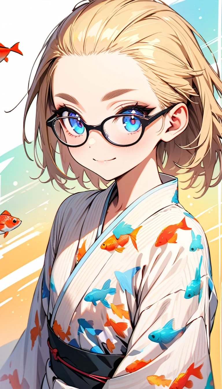 Speedy Shot,(Top quality masterpiece),detailed,ultra detailed,hyper detailed,insanely detailed,Exquisite,Beautiful Full HD,16k,cute,Fantasy,A vibrant academic community,Soft line design,Soft　Surface,Simple line drawing,The best light,Fast Shutter Speed,  depth of border described,Highly saturated colors,Vibrant colors,Vibrant colors,BREAK,
(12yo),skinny,flat chested,(forehead,hair slicked back:1.3),Beautiful blonde hair,(blue eyes),(black nodoka glasses),thick bluish eyeshadow, thin eyebrows, thick black eyeliner, Highlighted eyes with eyeliner, false eyelashes,light smile,BREAK,
(Goldfish pattern yukata),wearing japanese yukata,