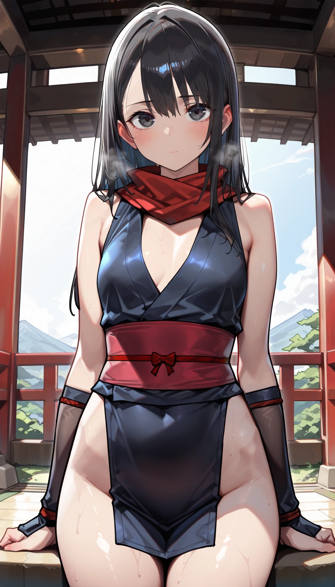 nsfw, masterpiece, extra limbs, 1lady, young girl , black ponytail extremely long hair, black pubic hair, medium breasts large areolas plump beautiful breasts,glamorous,(((abs))), (((chuckle))), 
slant deep red eyes, katana, standing,(clothed samurai,sarashi, fundoshi:1.2),((sweat)),