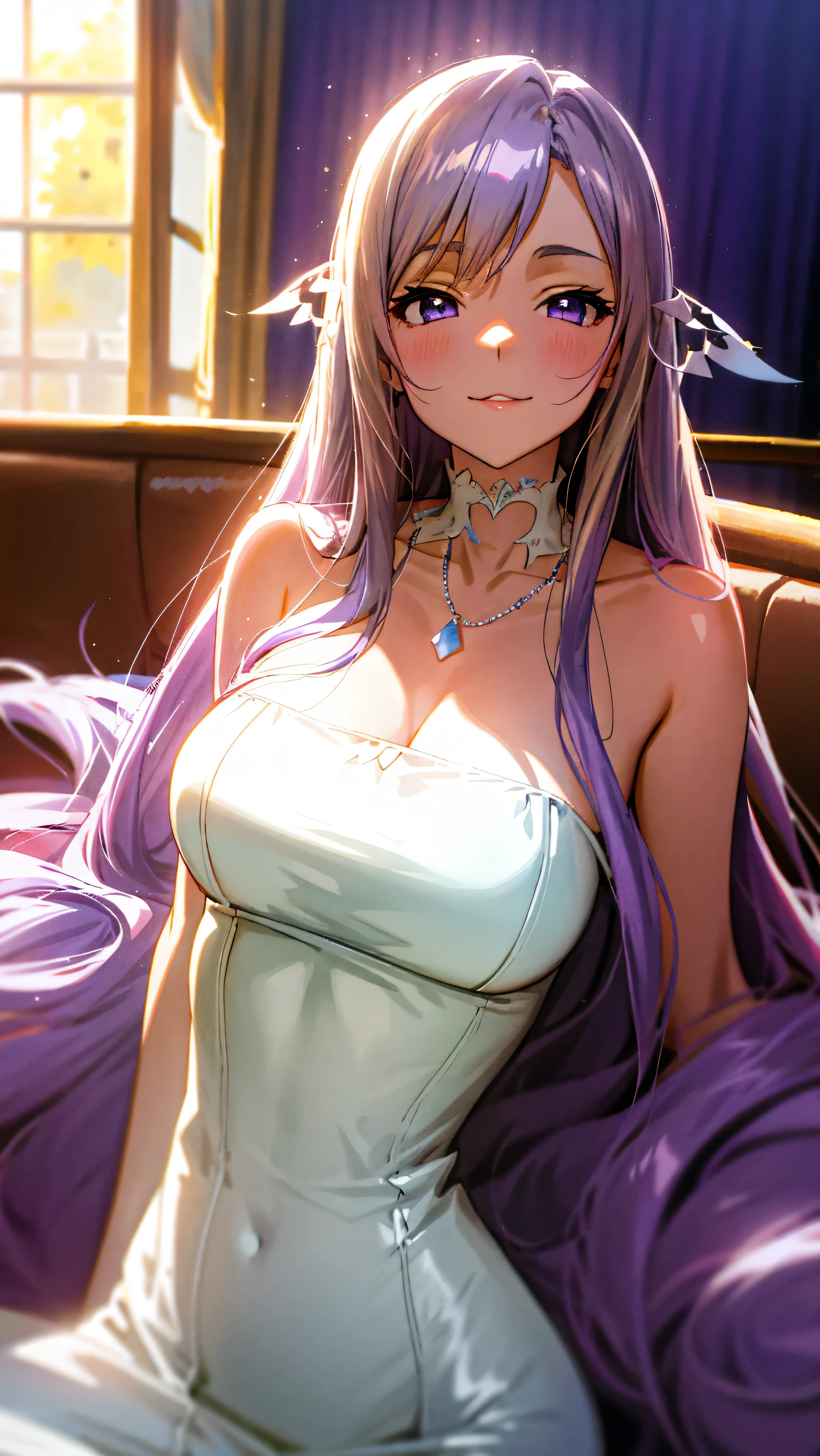 kawaii, A sexy,  Best Quality,Beautiful, Anime style, Dynamic Angle, Upper body,  full body focus, Western-style room, sofa, morning, Cute  s, 1girl in, Solo,  Beautiful light brown hair, beautiful purple beautiful eyes,  Long hair, Transparent hair, translucent hair, large full breasts, a necklace, Laugh, Lens Flare, shiny-glistening、Sexy white dress