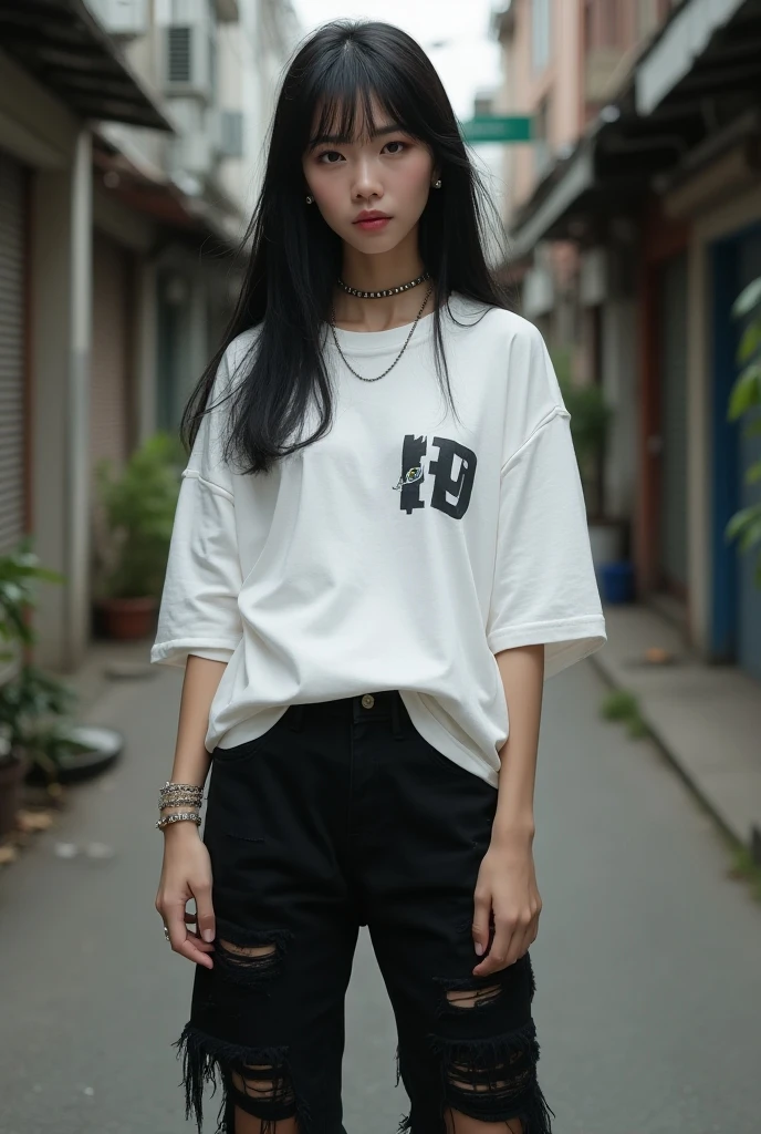 (8k:1.27), best quality, masterpiece, ultra highres:1.2), lesbian delinquent girl with medium length hair and arm tattoos, tattooed girl, full body picture, dirty old white oversized knotted prisoner t-shirt, dirty big t-shirt with prisoner number written in t-shirt, short big sleeves, orange prisoner pants tied with a rope, wearing dirty old goth clothes, shoulder length black bob hairstyle, black hair pulled back snooki style, kneeling in a prison cell next to a noose, handcuffed, hands tied with rope behind body, submissive neck choker and checkered keffiyeh scarf in neck, 4k or 8k picture, looking at the floor down very sad, very sad face, praying, paisley bandana pirate style headscarf, smelly, barefoot, rope noose hanging from ceiling, tattooed body, noose rope hanging