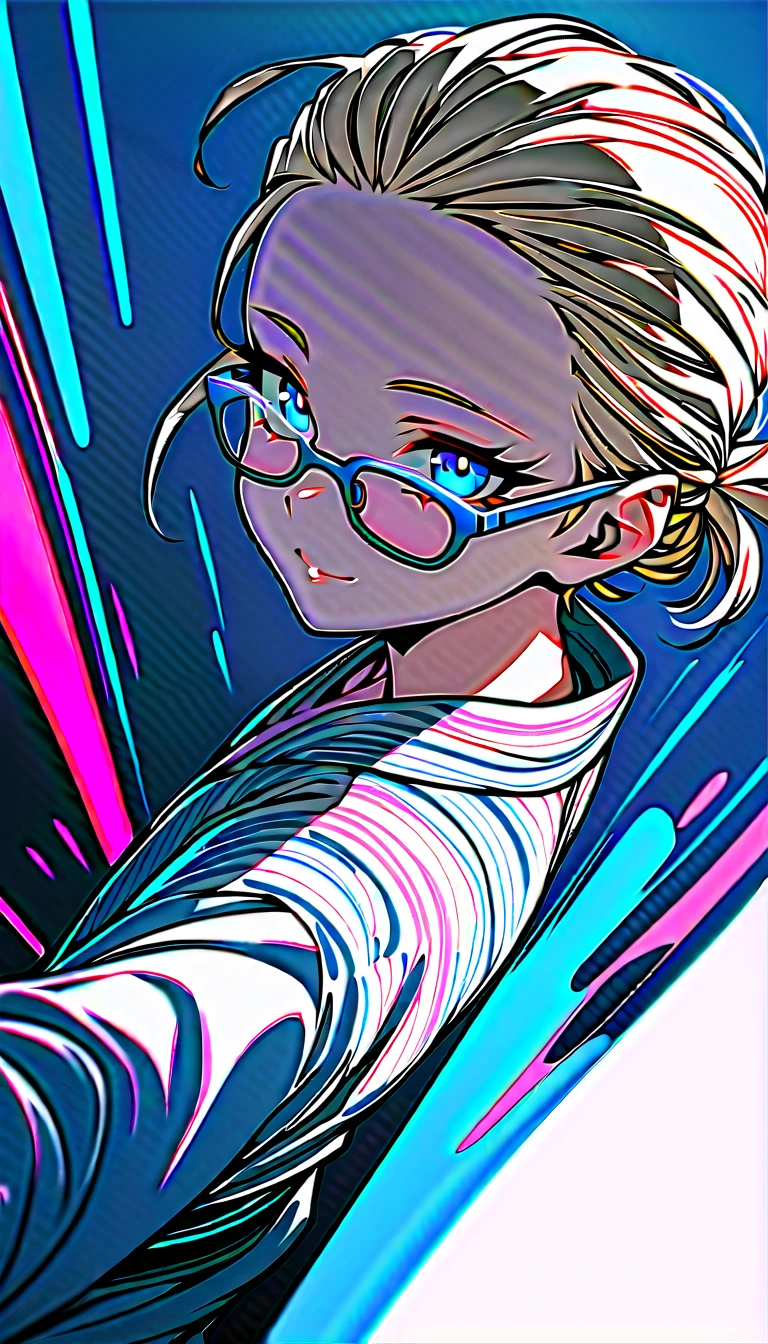 Speedy Shot,(Top quality masterpiece),detailed,ultra detailed,hyper detailed,insanely detailed,Exquisite,Beautiful Full HD,16k,cute,Fantasy,A vibrant academic community,Soft line design,Soft　Surface,Simple line drawing,The best light,Fast Shutter Speed,  depth of border described,Highly saturated colors,Vibrant colors,Vibrant colors,BREAK,
(12yo),skinny,flat chested,(forehead,hair slicked back:1.3),Beautiful blonde hair,(blue eyes),(black nodoka glasses),thick bluish eyeshadow, thin eyebrows, thick black eyeliner, Highlighted eyes with eyeliner, false eyelashes,light smile,BREAK,
(Goldfish pattern yukata),wearing japanese yukata,