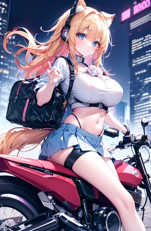 areolae,darkness /(konosuba/), long hair, blue eyes, blonde hair, x hair ornament, ponytail, braid,blurry, depth of field, blurry foreground, blurry background, jewelry, necklace, motion blur, breasts,  nipples, blue sky, sky, 1girl, cloud, bracelet, ground vehicle, motor vehicle, , motorcycle, nude, sitting, earrings, day, solo focus, looking at viewer, outdoors,  public nudity, cloudy sky,huge breasts 