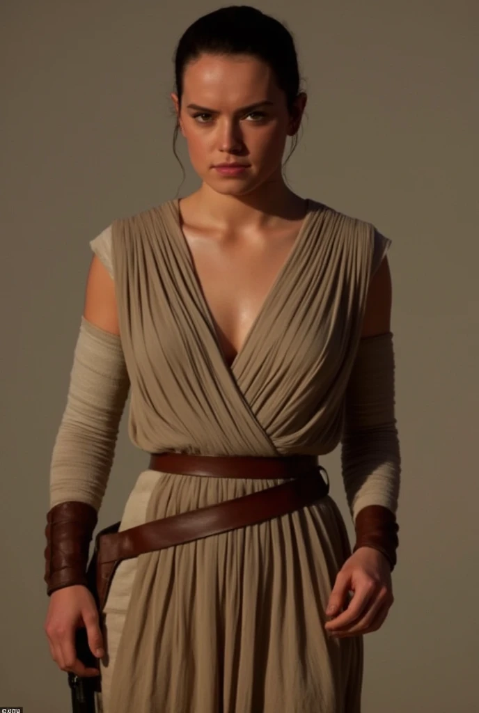 woman,(daisyrdl,jedi robe),ponytail,serious,legs,standing,star wars background,(dynamic pose:1.3),masterpiece,bokeh,dof,highly detailed,add_detail,soft lighting,volumetric lighting,film grain,cinematic