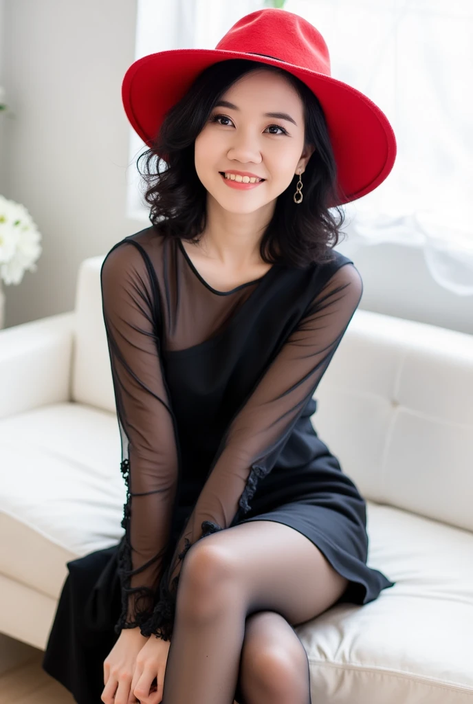 A woman wearing a red hat is sitting on a white sofa。, Black Stockings, Cute and elegant pose, Asian women in Arafe, Shirahime cut hairstyle, Neat hair with bangs, Kurohime cut hair, Cute girl - Beautiful face, ulzzang, Beautiful Japanese girl face, Cute - Beautiful - Face, Center-parted bangs, Brown hair and bangs, brown hair with bangs, Korean, Graceful smile pose, korean female fashion model, Velvet Stockings, Black and red silk clothing, Cute Korean Actress, In a dress, Dressed in red velvet, 