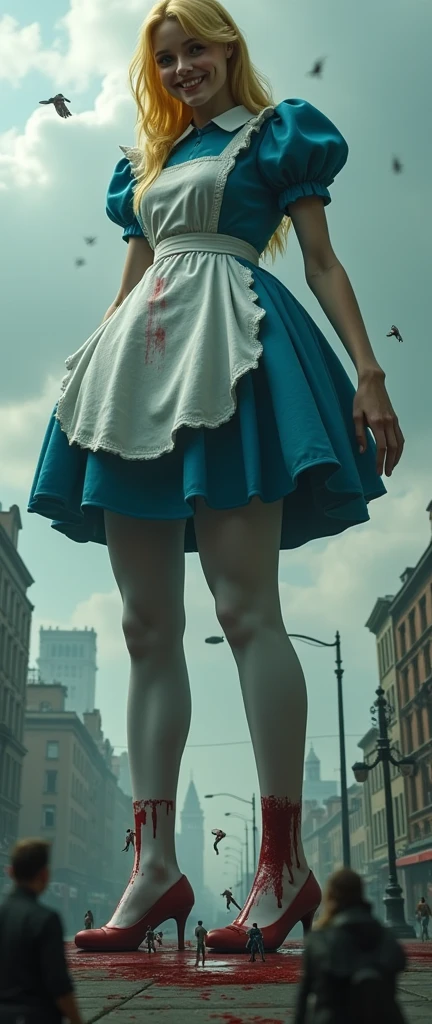 Low perspective of a giantess dressed Alice from Wonderland. The character is looking down at the cityscape with a grin smirk. The character towers over the buildings, with a sense of scale and proportion to emphasize her immense size relative to the city. Tiny people are trampled under her steps, with blood splattered over her shoes.