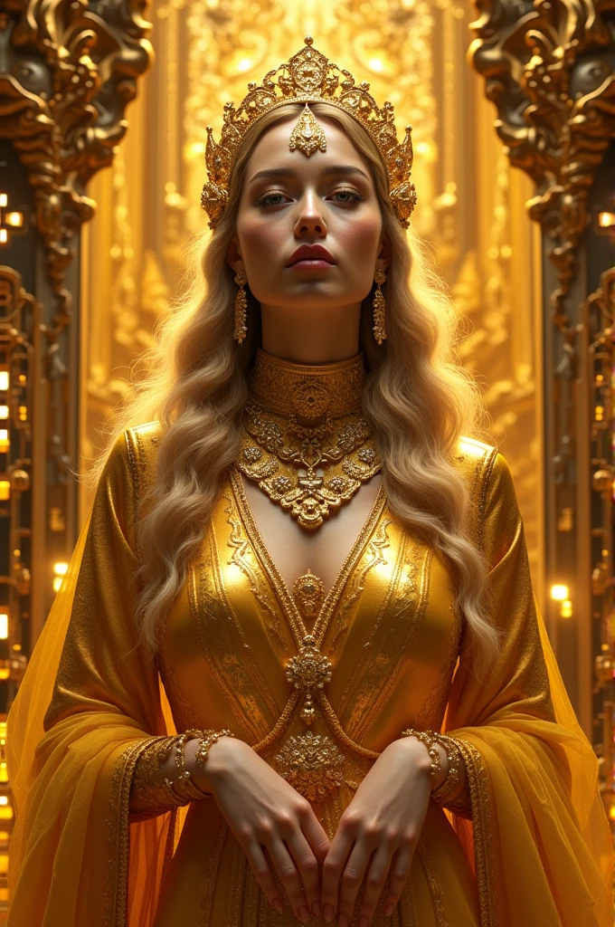 A pale albino woman in an intricate headdress and round sunglasses, decorated with gold jewelry, in a futuristic red voluminous outfit on a dark background. The composition includes elements of fashion photography, showing the bold accessories of the model. Her hair is arranged in geometric shapes, which emphasizes her overall aesthetic. She has large earrings that complement both the outfit and the hairstyle ❤
