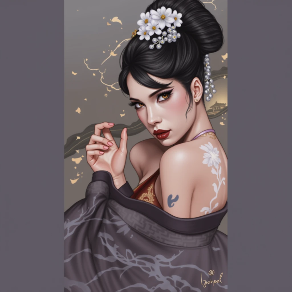 A Girl, Full body shot of young beautiful Japanese woman, long straight hair, ((elegant traditional flower tattooed all over her body)), (intricate details of tattoo), she wears only a Japanese Fundoshi, No underware, No bra, magnificent background, miraculous, ((perfect face)), small face, small head, (beautiful detailed eyes), symmetrical eyes, (8K, photo, masterpiece), (best quality), (best shadows), (best illustrations), ultra high resolution, 8K wallpaper, physics-based rendering, photo, realistic, realism, high contrast, hyper realism, photo, f1. 6 lens, extreme colors, hyper realism, realistic texture, (Cinestill 800), (detailed face, ) Weapons, Flames, Glow), nsfw, (Samurai Film Theme: 1.2)