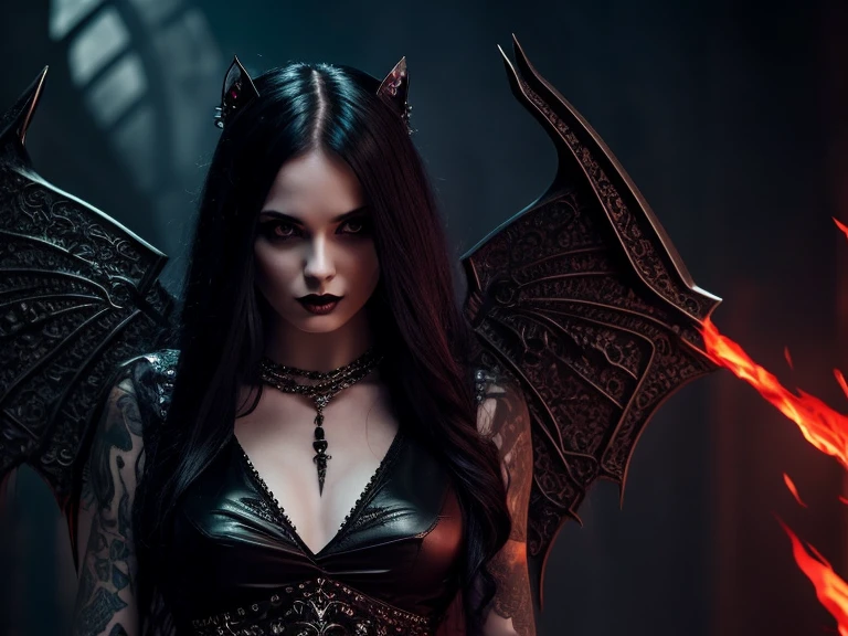 Fine, (Best Illustration), 8k Resolution, Intricate Details, Best Quality, Realistic, Ultra Detailed, Best Lighting, Best Shadows, Ultra HD, A Necromancer, Night, Magic, Dark Style, Vampire, Bat wings, shining red eyes, masterpiece, high_res, Beautiful face, mouth wide open, tyndall effect, photo realistic, (high detailed skin:1.2), 8k uhd, dslr, high quality, Photograph, high resolution, 4k, 8k, Bokeh, medium breasts, absurdres, ponytail contorted, best ratio four finger and one thumb,