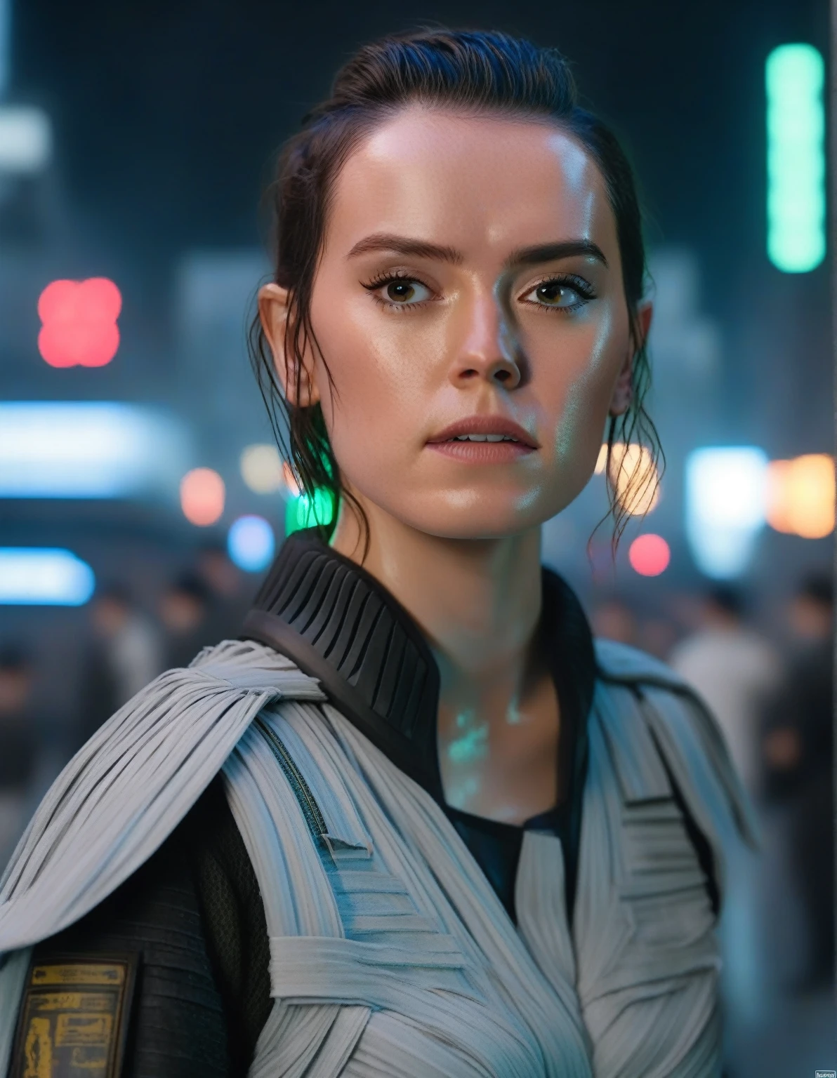 DaisyRidley,(8k, RAW photo, best quality, masterpiece:1.2), (realistic, photo-realistic:1.37), ultra highres, depth of field, chromatic aberration, caustics, Broad lighting, natural shading,Fujifilm XT3,ultra detailed,cyberpunk uniform,1girl, solo,standing, looking at viewer, outdoors,street, sexy