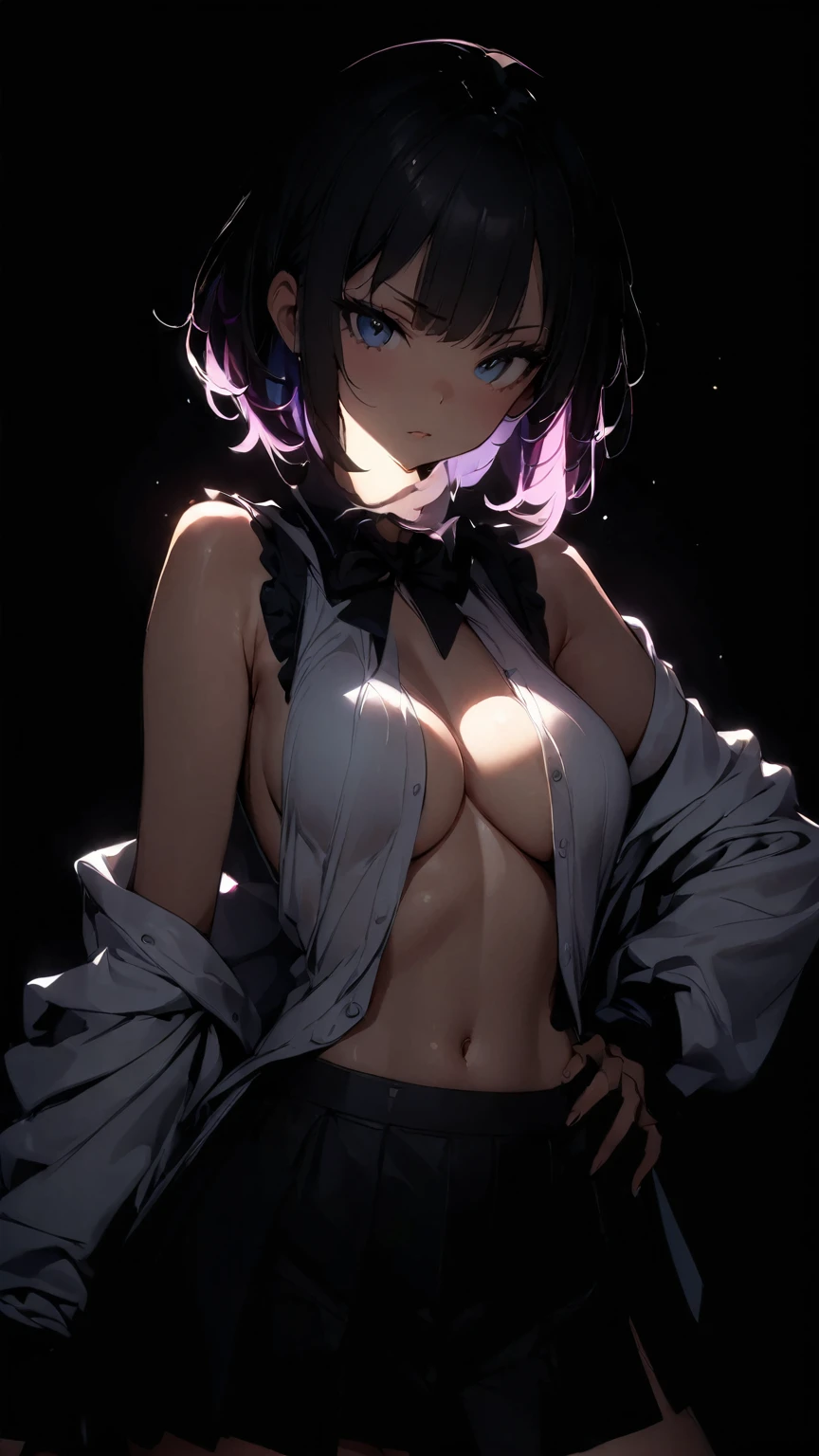 (masterpiece, highest quality, highest quality, official art, beautiful and aesthetic:1.2), 1 girl, Cinematic lighting、(key light:Front diagonal 45 degrees, fill light、Backlight、shadow、blue and orange color palette), accurate human body、detailed person、Correct five-finger、RAW photo、 4K - ultra-vivid、highest quality, masterpiece, ultra high resolution, (reality: 1.4),
colorful hair、(((black and purple super shiny latex panties)))、((( black skin , White shirt with tie , high school girl、cropped shirt , pleated skirt , cleavage ,oil skin)))、(shiny body: 1.5)、 please be shy、(Ahegao:1.5)、((black mask))、full of embarrassment、sexy pose、((vapor))、On the bed in a love hotel、(((pink lighting)))、A dimly lit, lewd room、Desaturation in the room
(((oil skin,sparkling skin、realistic skin texture、detailed beautiful skin、shiny skin、shiny skin)))、
upper body shot, camera angle is low, Depth of the bounds written, Focus on the center, fine eyes, perfect face and eyes、
17 years old, (goth makeup), (white skin), (T-shirt and skirt), (Show below ), (Fishnet tights), (belly button jewelry), (pierced ears), (Pierced Lips), /purple eyes/, /Short black emo hair/, (bedroom background), (big breasts), (8K), (wallpaper), (dynamic lighting), (detailed face and eyes:1.2)、short skirt、Thick-soled low-cut boots and large shirts、off shoulder,
