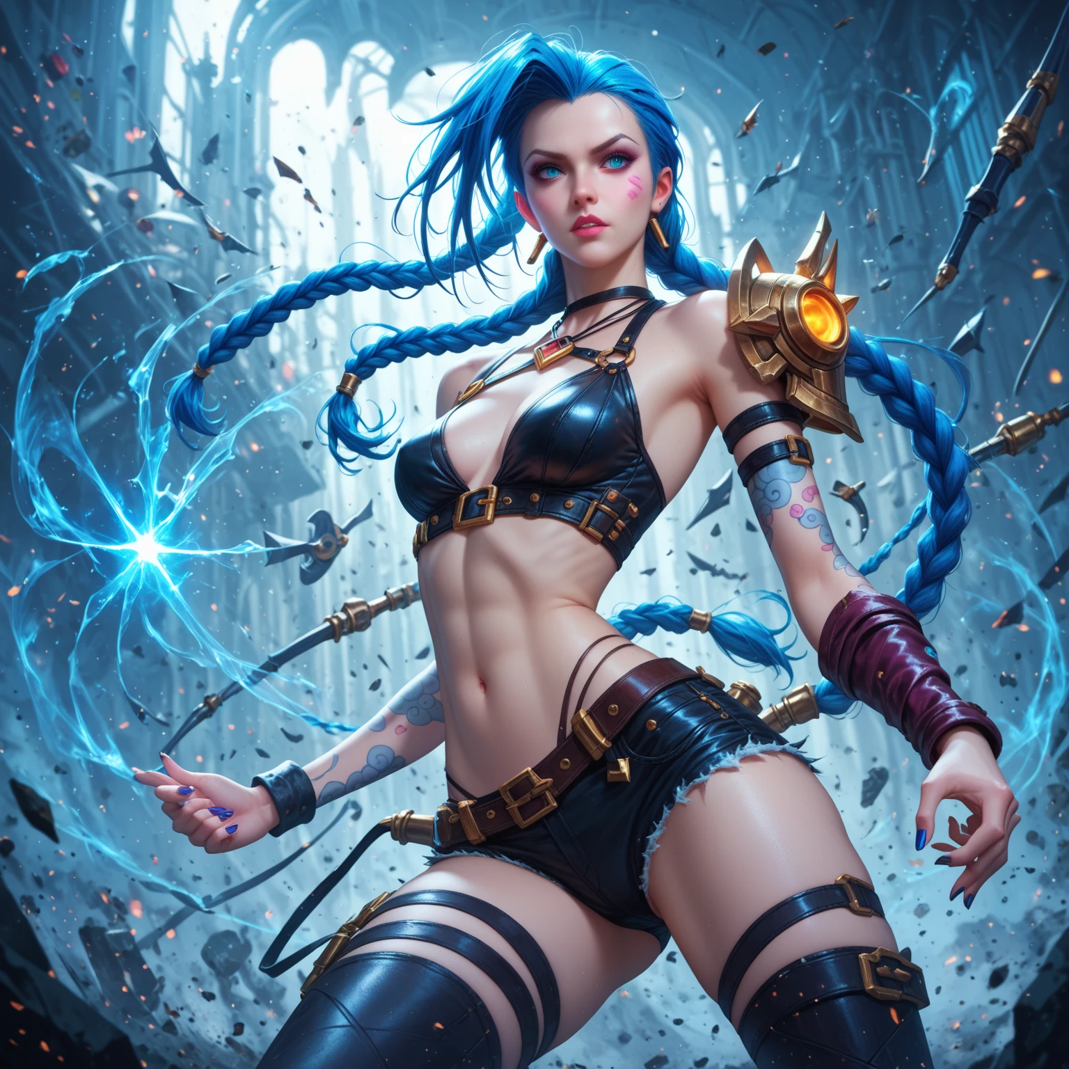 (Jinx,League of Legends heroes),best quality, official art, 8k wallpaper, highly detailed, illustration, detailed eyes, pretty jinx with weapon in hand, full body,Wearing a lot of clothes,Holding weapons in hand, emitting blue light, in battle, cool background, blue light, flames , (best quality),((masterpiece)),(highres), original, extremely detailed 8K wallpaper,(an extremely delicate and beautiful)