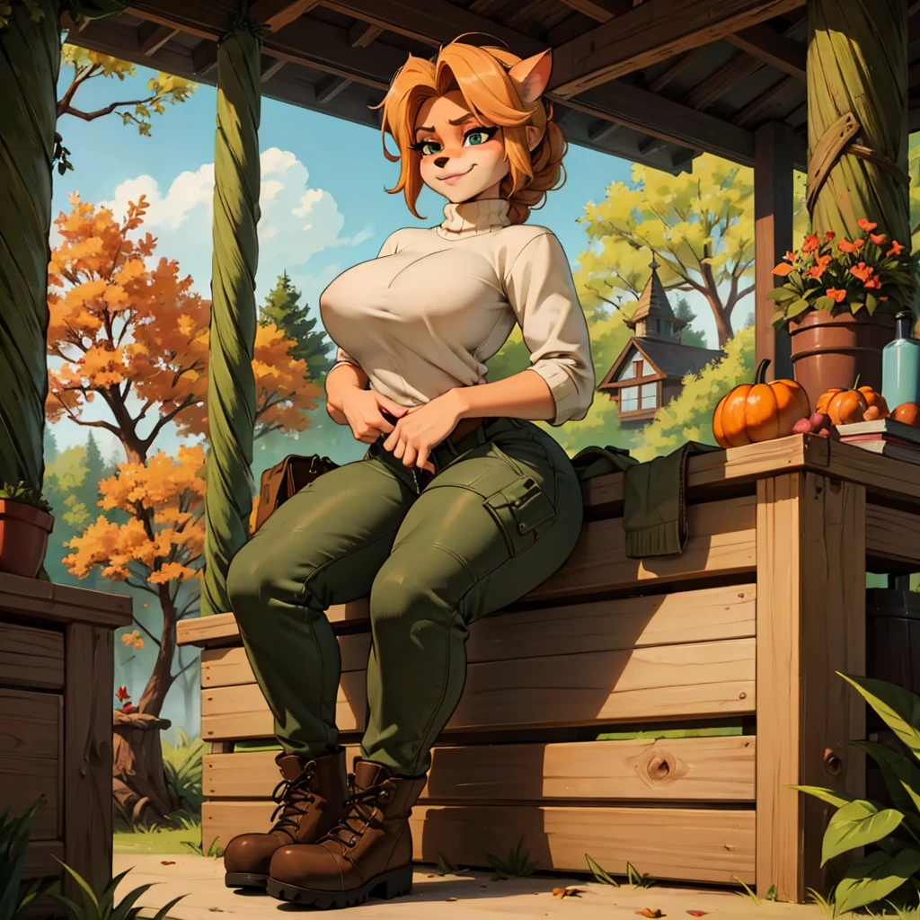  sancy, Futanari anthro bandicoot girl redhead,  braided hair, beautiful green eyes, sexy, , relaxing sexy moment, seductive, kiss,warm sweater, camouflage pants, army boots, , Cozy autumn atmosphere, , the forest, autumn , Girl in sweater, ,trousers, army boots, furry anthro bandicoot, seductive facial expression wide grin , hands to pants,Unzipped Pants, dynamic pose, 