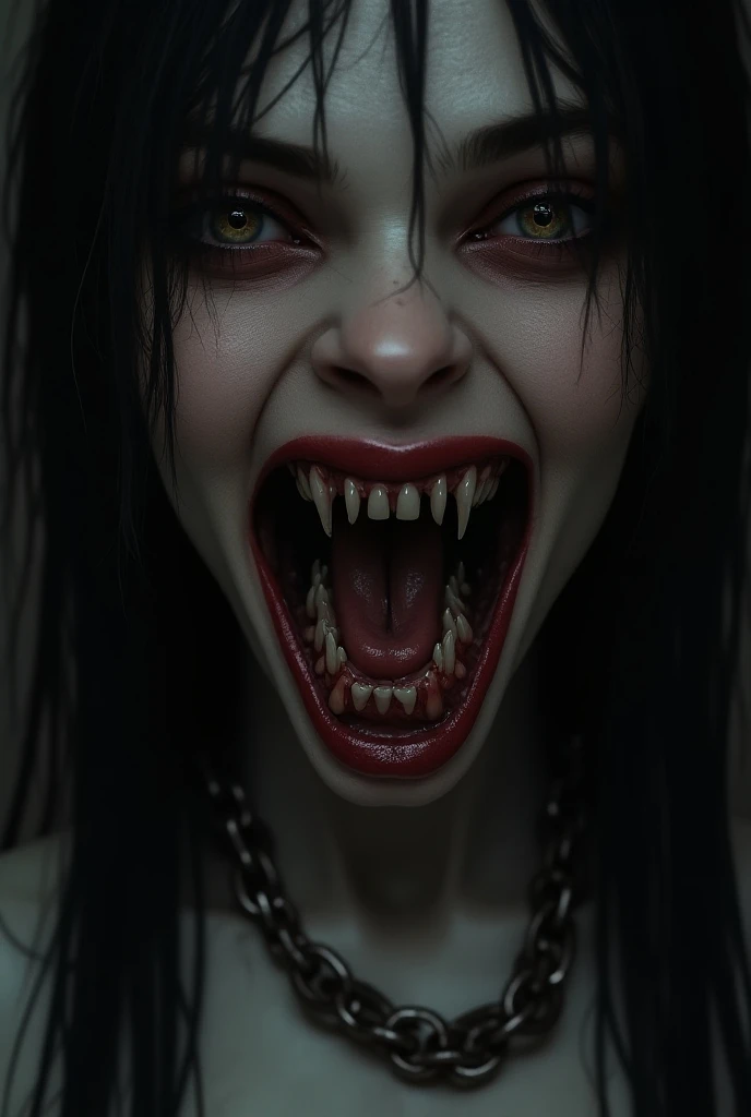 a close up of a person with a creepy face and a chain around their neck ...