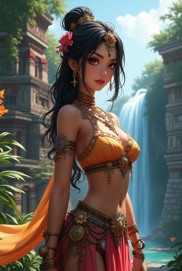 most beautiful in the world, tripursundari, fair, 16 years old girl, wearing reddish sari, reddish skin, golden hue aura, sitting on Shiva, wearing beautiful flower garland, photo realistic, 8k ultra defination, surrounded by flowers, bokeh, animated lighting