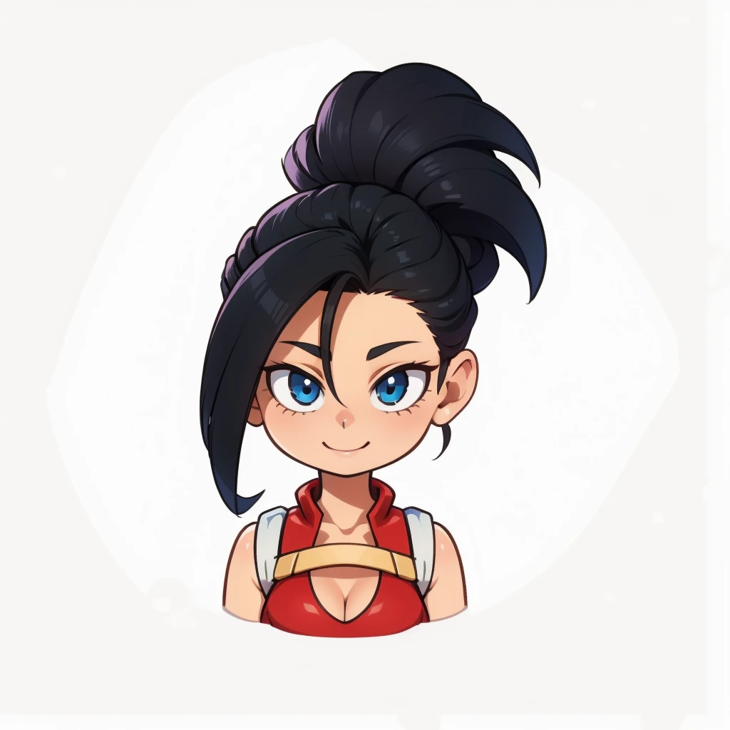 
yaoyorozu momo, red leotard, center opening, collarbone, cleavage, long hair, blue eyes, black hair, 1girl , happy, smiling, female focus, uhd, 4k, face detail, eyes detail, only_head, head_only, white background, solo, kawaii, chibi, upper body, bare shoulders, circle frame, MOMO MHA, YAOYOROZU MOMO, ogami, ((solo))
