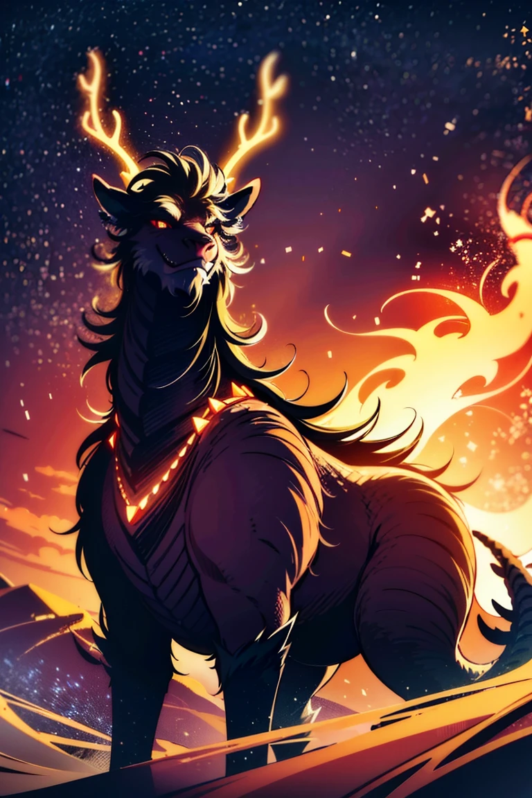 (feral:-1.6) male, equid, rapidash, flaming mane, with intricate, with a red and gold outfit, standing, old room, looking at viewer, night, full moon from window, by nesskain, masterpiece, 4k <lora:LorarRapidashBY_rapidash40:1>