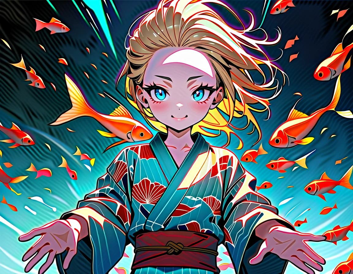 Speedy Shot,(Top quality masterpiece),detailed,ultra detailed,hyper detailed,insanely detailed,Exquisite,Beautiful Full HD,16k,cute,Fantasy,A vibrant academic community,Soft line design,Soft　Surface,Simple line drawing,The best light,Fast Shutter Speed,  depth of border described,Highly saturated colors,Vibrant colors,Vibrant colors,BREAK,
(12yo),skinny,flat chested,(forehead,hair slicked back:1.3),Beautiful blonde hair,(blue eyes),(black nodoka glasses),thick bluish eyeshadow, thin eyebrows, thick black eyeliner, Highlighted eyes with eyeliner, false eyelashes,light smile,BREAK,
(Goldfish pattern yukata),wearing japanese yukata,