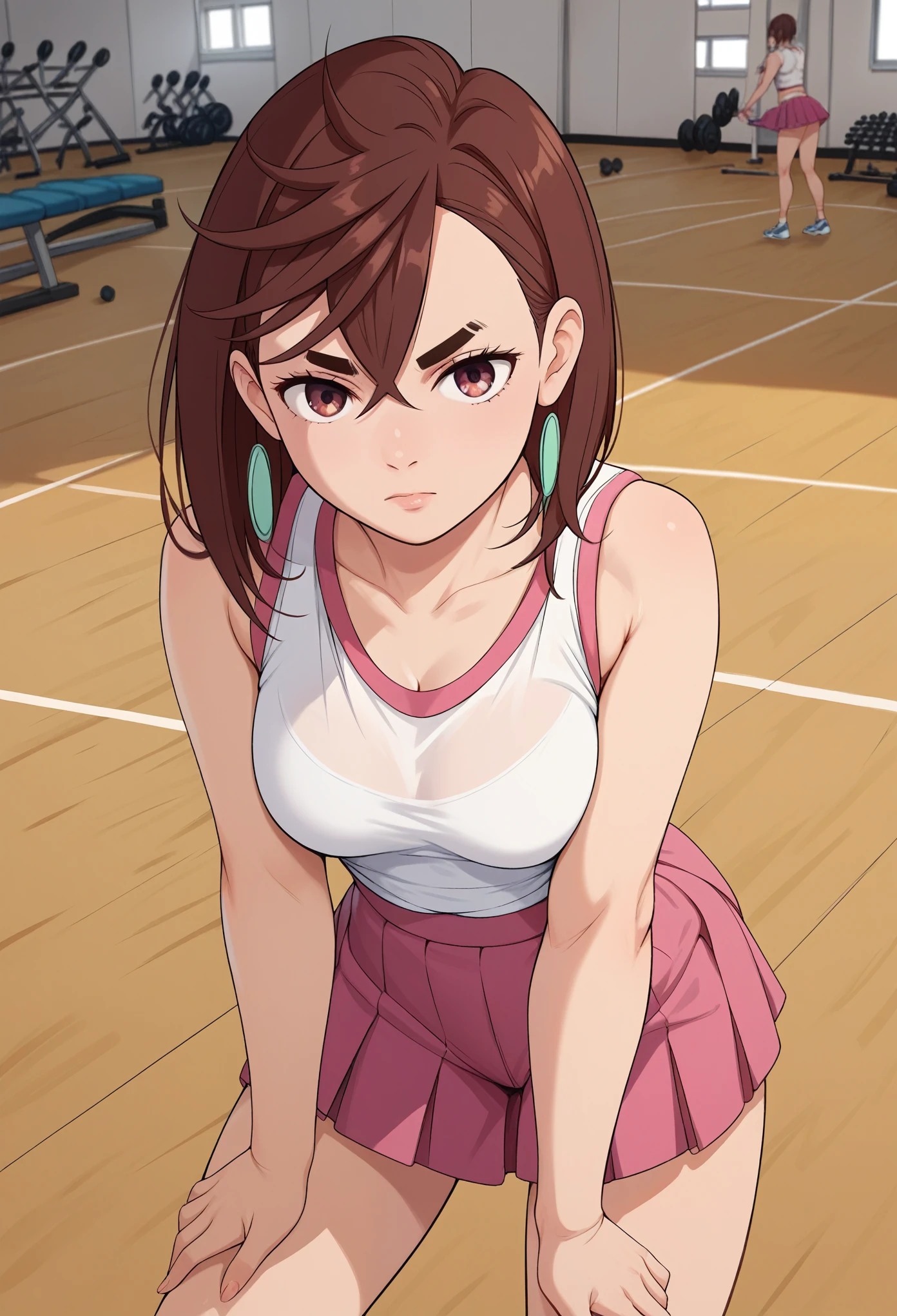 momo ayase, short hair, brown hair, brown eyes, bangs, thick eyebrows, medium breasts, FACING VIEWER, gym background, gym concept, sport skirt, she is sporting, GYM