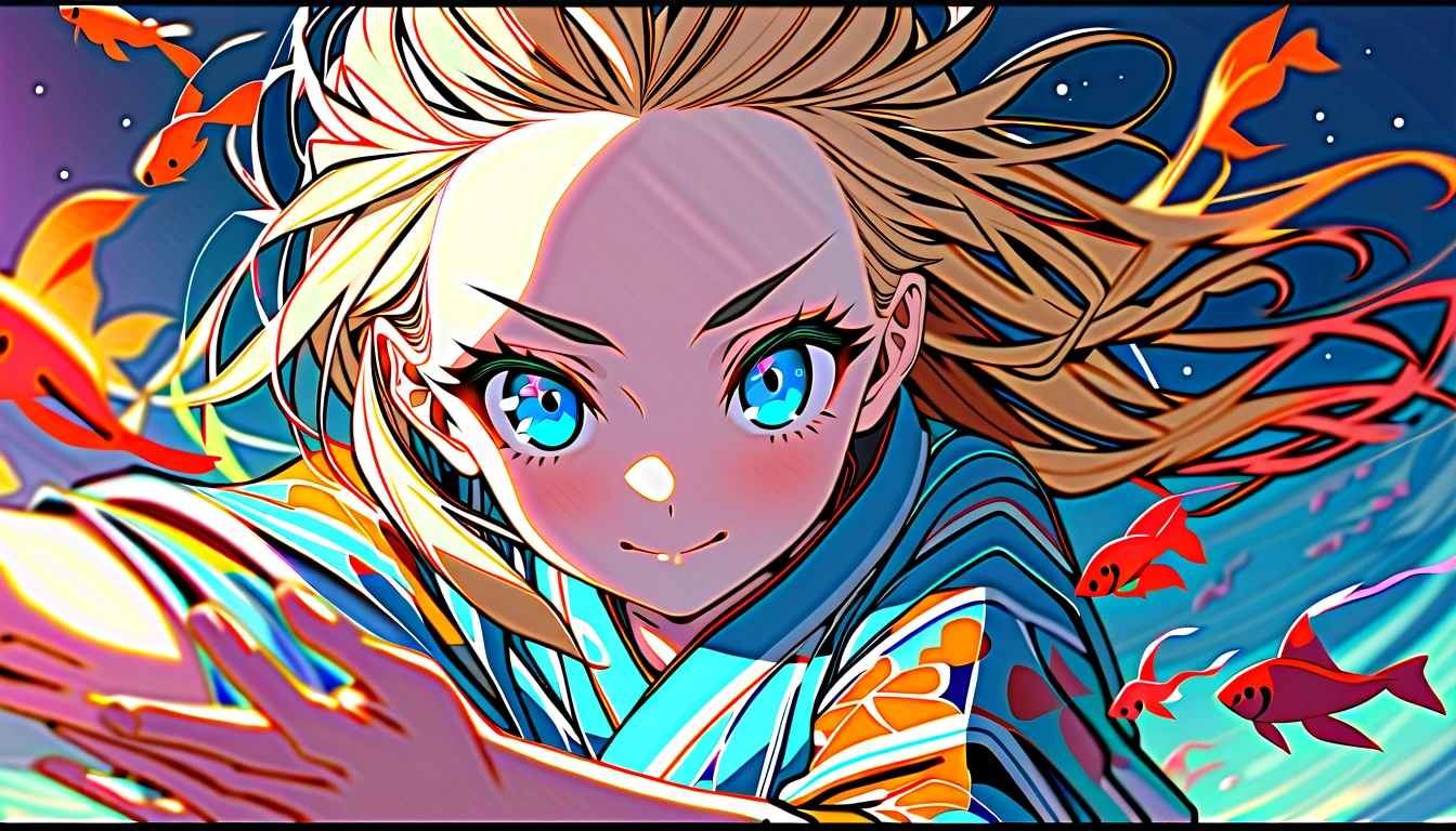 Speedy Shot,(Top quality masterpiece),detailed,ultra detailed,hyper detailed,insanely detailed,Exquisite,Beautiful Full HD,16k,cute,Fantasy,A vibrant academic community,Soft line design,Soft　Surface,Simple line drawing,The best light,Fast Shutter Speed,  depth of border described,Highly saturated colors,Vibrant colors,Vibrant colors,BREAK,
(12yo),skinny,flat chested,(forehead,hair slicked back:1.3),Beautiful blonde hair,(blue eyes),(black nodoka glasses),thick bluish eyeshadow, thin eyebrows, thick black eyeliner, Highlighted eyes with eyeliner, false eyelashes,light smile,BREAK,
(Goldfish pattern yukata),wearing japanese yukata,