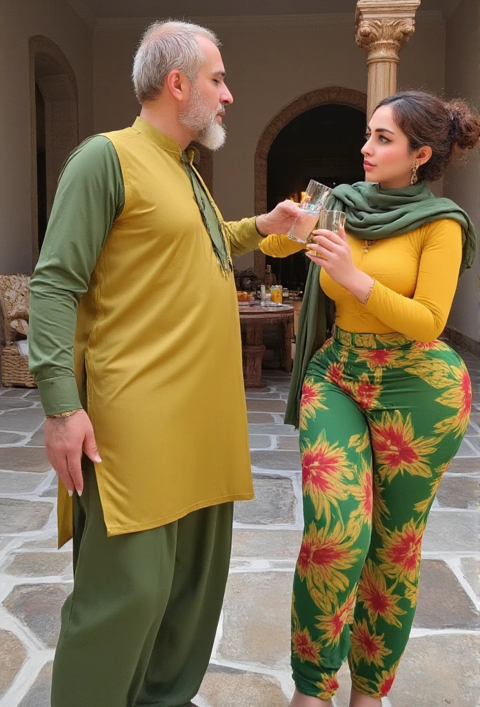 **Tags**  
(score_9, score_8_up), elderly man, older man, traditional Pakistani attire, white beard, wrinkled face, young man, husband, traditional Pakistani husband, casual interaction, Pakistani Muslim woman, traditional attire, yellow blouse, green saree, floral patterns, gold jewelry, serene expression, cultural setting, rural environment, stone courtyard, stone floor, wooden pillar, respectful interaction, steel glass, drinks, serving gesture, respectful gaze, emotional atmosphere, vibrant colors, rural charm, cultural richness

**Description**  
In a rustic courtyard, bathed in the warmth of vibrant green, yellow, and red hues, an elderly man and a younger man, the woman’s husband, are engaged in a thoughtful conversation. The elderly man, with his white beard and deeply wrinkled face, is dressed in traditional Pakistani attire. His presence is calm and wise as he shares a moment with the younger man, who listens attentively, dressed similarly in traditional clothing. The younger man, relaxed but respectful, gazes at the elder while the conversation unfolds. 

The woman, in a yellow blouse and green saree with floral patterns, moves gracefully between them, carrying two steel glasses filled with drinks. Her voluptuous figure is subtly accentuated by her attire, with the saree's pallu draping elegantly over her right shoulder. She wears delicate gold jewelry—nose ring, bangles, and a necklace—that adds sophistication. With a serene expression, she bends slightly as she hands the glasses to the men, her soft smile indicating respect and attentiveness. Her movements are graceful, reflecting both cultural elegance and emotional warmth as she serves them, embodying the respectful role of a woman in her household. The background of rustic stone floors and a wooden pillar completes the scene, enhancing the quiet, intimate atmosphere of this rural, traditional setting.