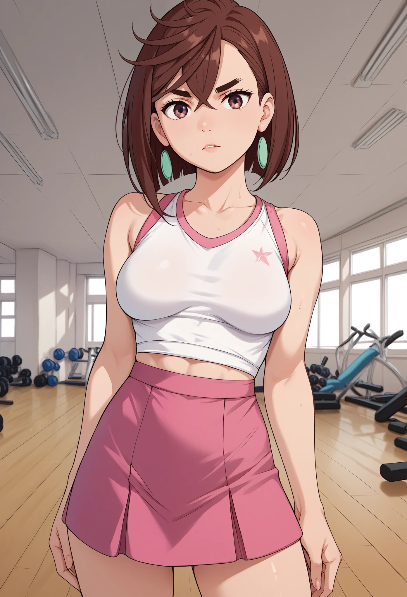 momo ayase, short hair, brown hair, brown eyes, bangs, thick eyebrows, medium breasts, FACING VIEWER, gym background, gym concept, sport skirt, she is sporting, GYM