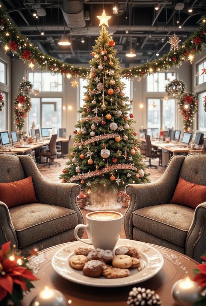 Panorama picture, high wide, large office of an IT company, decorated for Christmas, with a large Christmas tree in the center, decorated with baubles in orange, white and silver, festive decorations such as garlands, wreaths, fairy lights, poinsettias and pine cones are scattered around the room, several workstations with laptops visible, in the foreground a cozy sitting area with comfortable armchairs, on the table is a plate with a selection of Christmas cookies, a simple white cup with steaming coffee, warm and festive atmosphere, very detailed and realistic, 1024x1080 format, 300 DPI