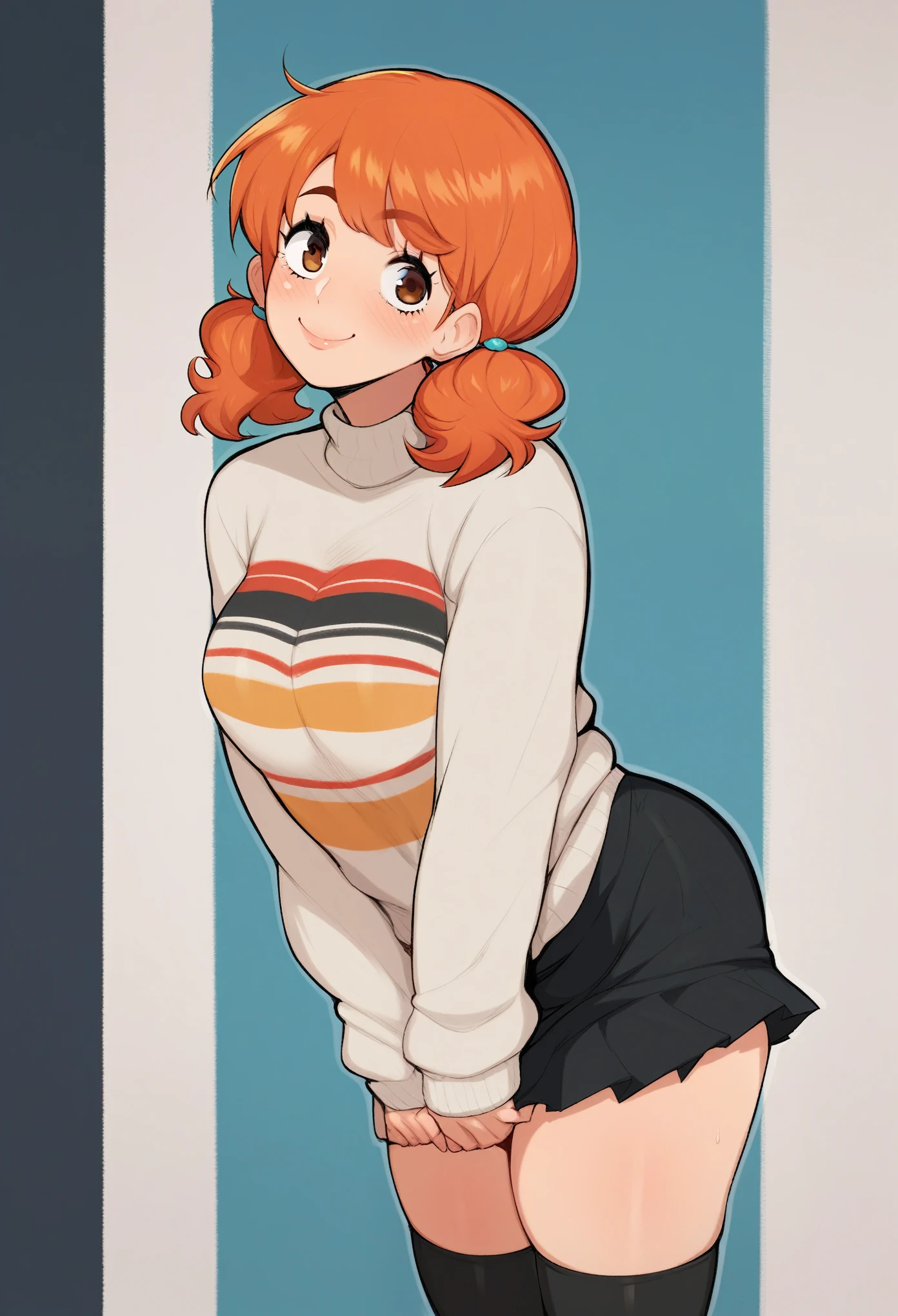 score_9, score_8_up, score_7_up, BREAK, source_anime 1woman, red ginger hair and short hair tiny pigtails cute girl wearing a white and orange strip sweater and black mini skirt and black thigh high sock milf
