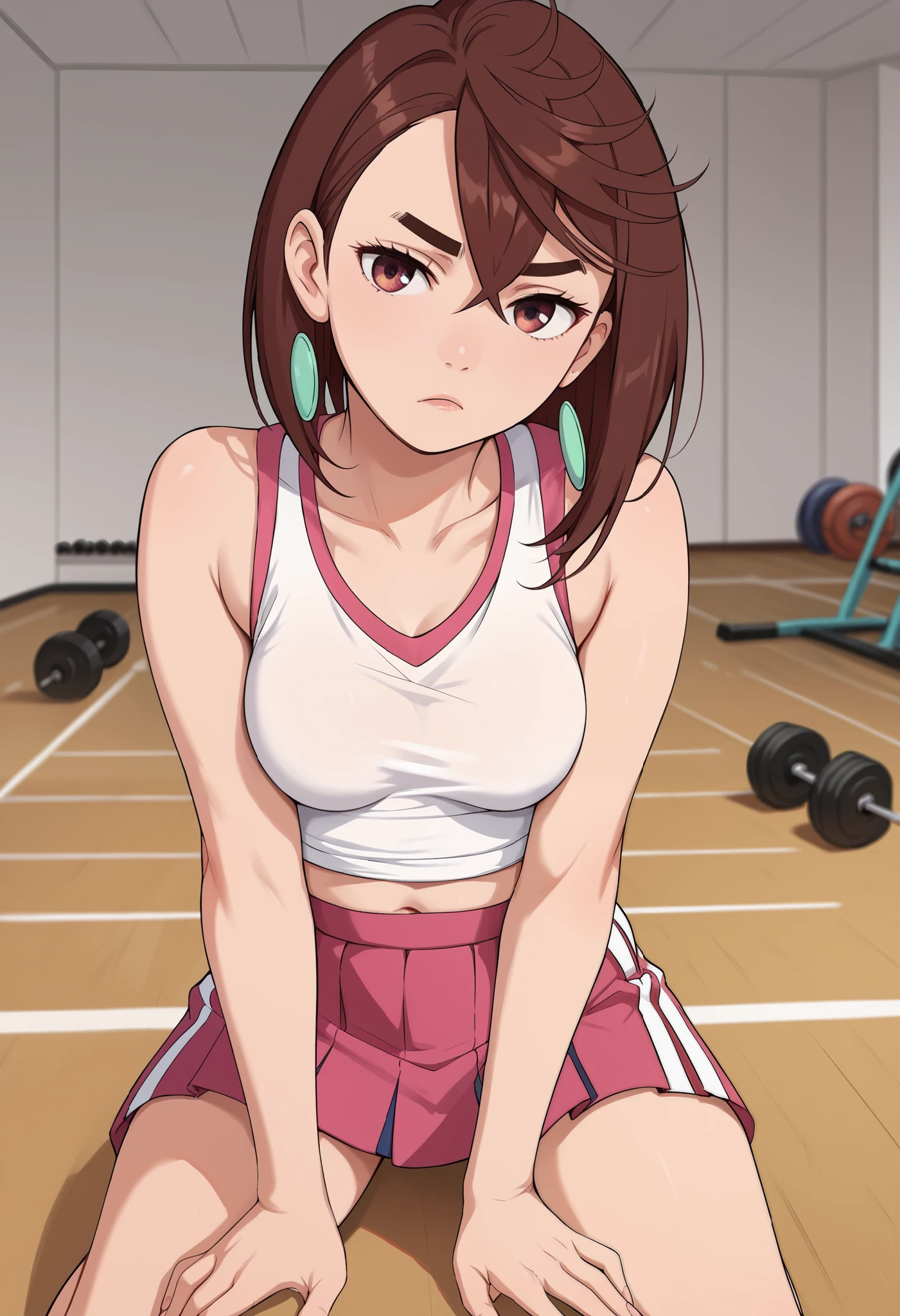 momo ayase, short hair, brown hair, brown eyes, bangs, thick eyebrows, medium breasts, FACING VIEWER, gym background, gym concept, sport skirt, she is sporting, GYM