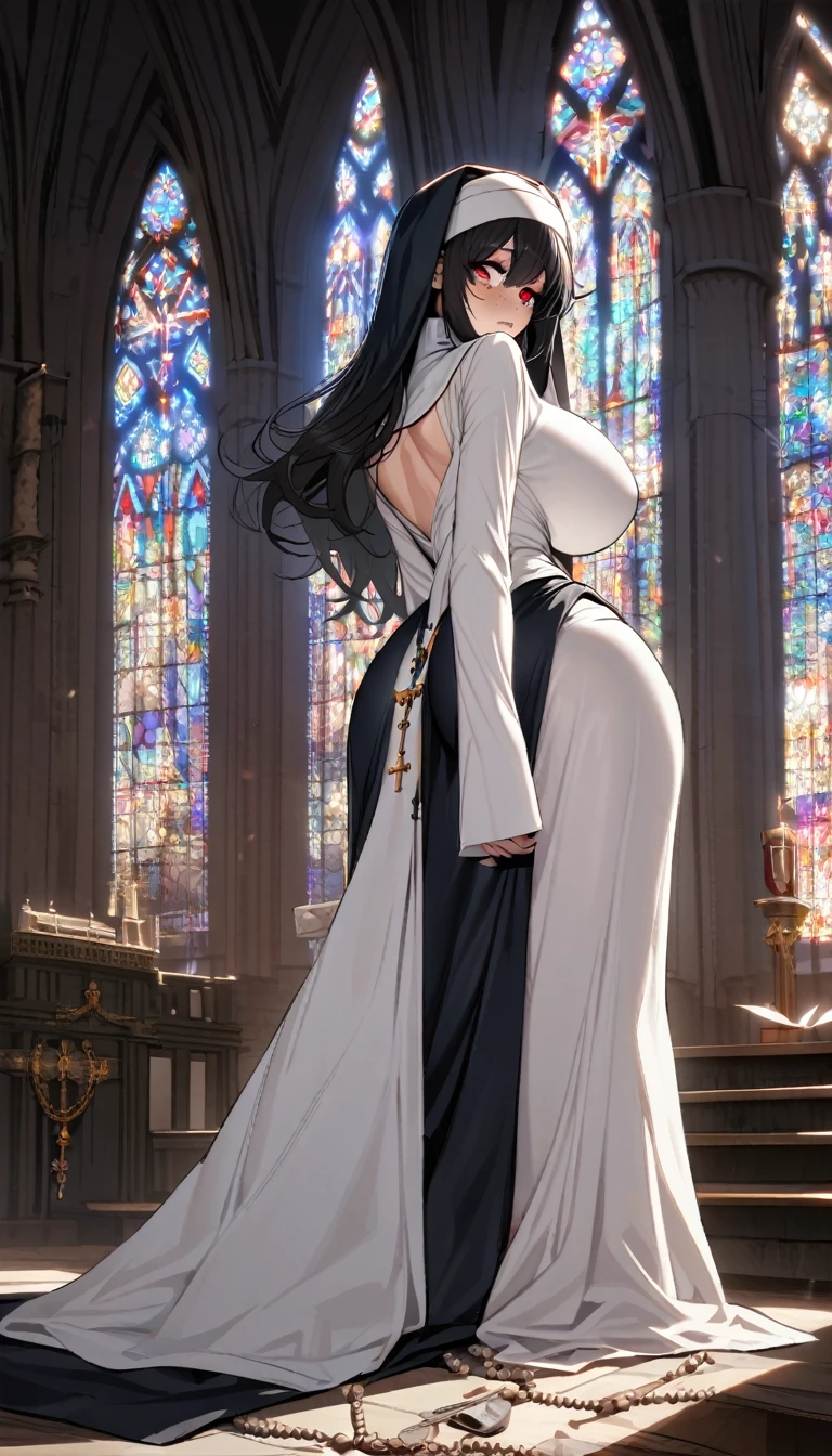  one woman,Black Hair,long hair,Hair tips that bounce outward, Red Eyes,Sanpaku,bags under eyes,Freckles,  looks bad,shark mouth, Huge, Saggy Breasts ,Big Ass,nun,wimple,Shoulder blades,White tights,Rosary, head on, and I can see my whole body,Cathedral background