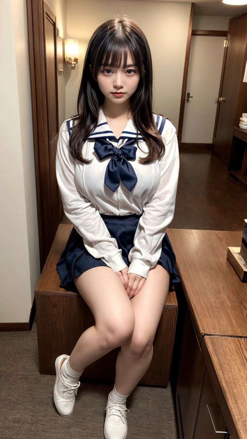 ((highest quality、8k、masterpiece:1.3)),((((cowboy shot)))),Ultra-high resolution,big eyes,Japanese,bangs,(a girl),(1 girl),((20 years old)),((facing at viewer)),(long hair),(((black sailor uniform))),((sitting on chair)),grin,(pleated mini skirt),((white floral panty)),((skirt lift))