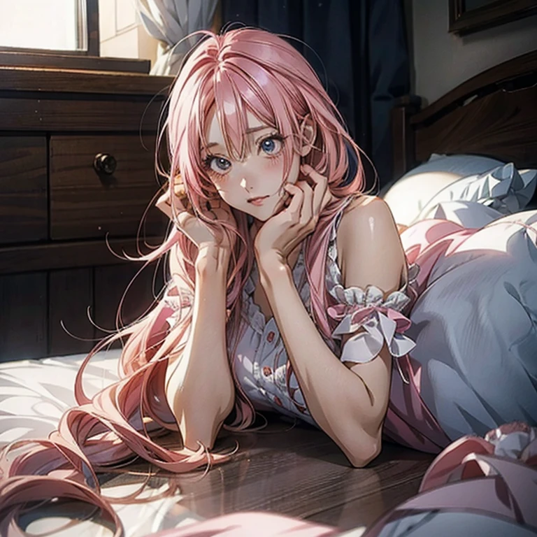   anime girl  with pink hair sitting on the floor in front of a table, Anime image of a woman lying in bed with a 、Ino, Pixiv,  realism, seductive   anime girl , beautiful   anime girl  squatting, Anime Style 4 k, beautiful   anime girl , Anime Style. 8k, Nightcore,   anime girl  with long hair,  realistic anime art style , cute   anime girl ,   anime girl 