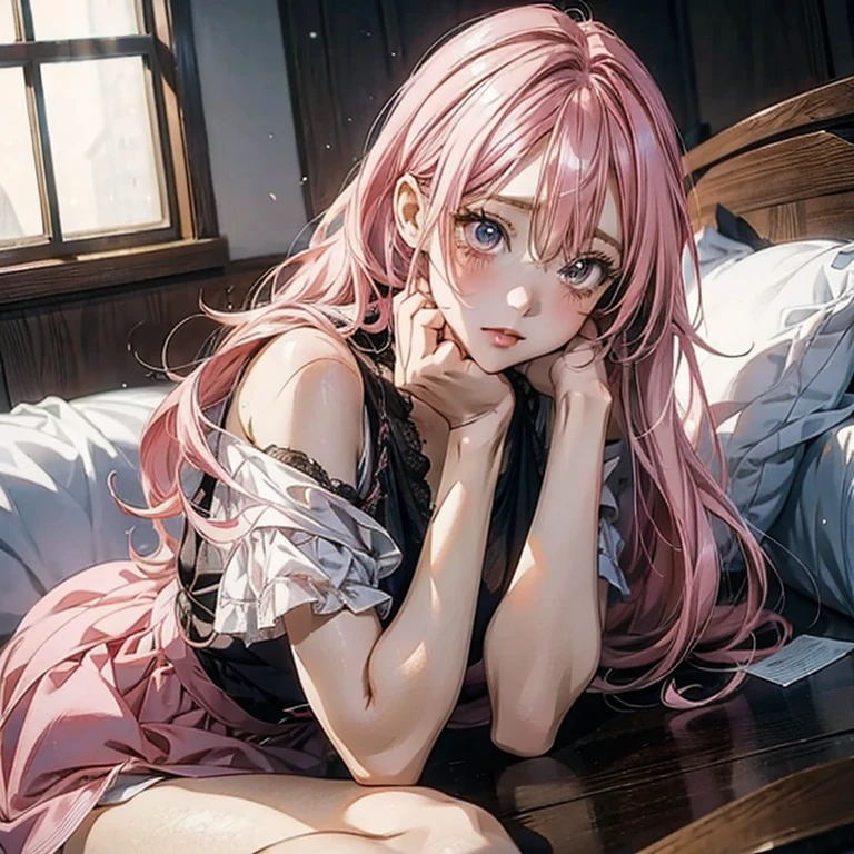   anime girl  with pink hair sitting on the floor in front of a table, Anime image of a woman lying in bed with a 、Ino, Pixiv,  realism, seductive   anime girl , beautiful   anime girl  squatting, Anime Style 4 k, beautiful   anime girl , Anime Style. 8k, Nightcore,   anime girl  with long hair,  realistic anime art style , cute   anime girl ,   anime girl 