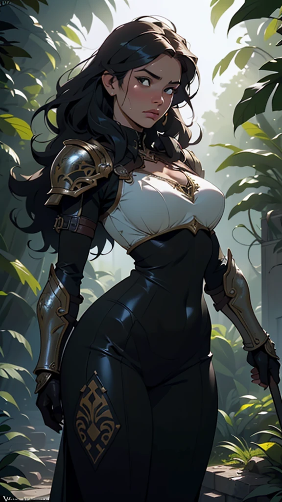A sexy girl, dressed in warrior gear with intricately detailed armor, bends over in the ultimate background of a lush, HD digital landscape. Her entire, highly detailed body is on display, showcasing her large, curvaceous derriere. The sunlight filtered through the trees, creating dramatic contrasts and shadows that accentuate her muscular form. She proudly wields a large, gleaming sword, her shoulders and arms tensed, ready for battle. The armor reflects the light, revealing the subtle textures and shapes of her body. Her hair, tied back in a high ponytail, glows with a golden sheen. The entire scene is a breathtaking, realistic masterpiece.