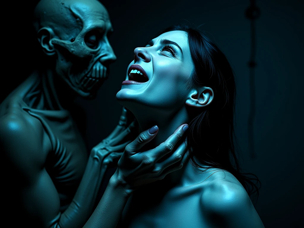 Liquid white slime monster eat a scared woman with large breasts expension. He take control of her body and moans