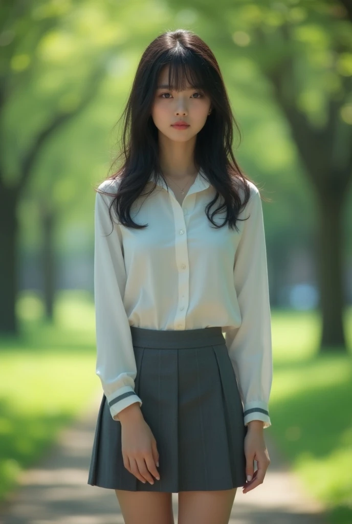 ​masterpiece、8K、32K、top-quality、(A cute Japanese woman:1.1)、detail portrayal、1 girl in、elegent、pupils on、(School uniform:1.3)、School bag、a miniskirt、School Grounds、cowboy  shot、ssmile、Angle from the side