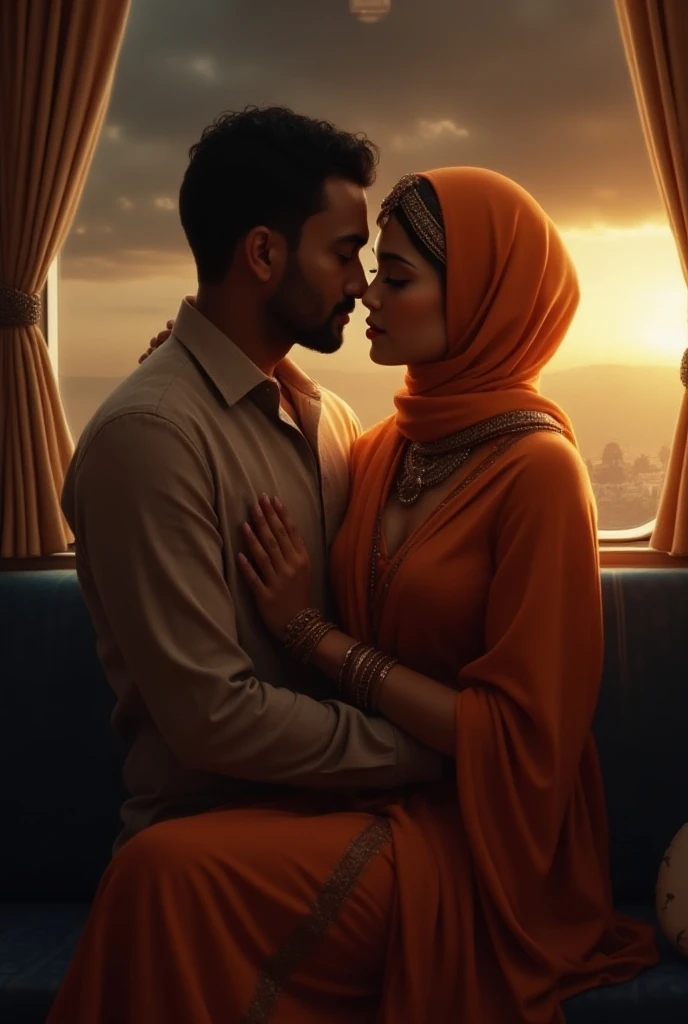 Beautiful women wearing black hijab saffron dress, muscular Hindu pandit kissing, in car