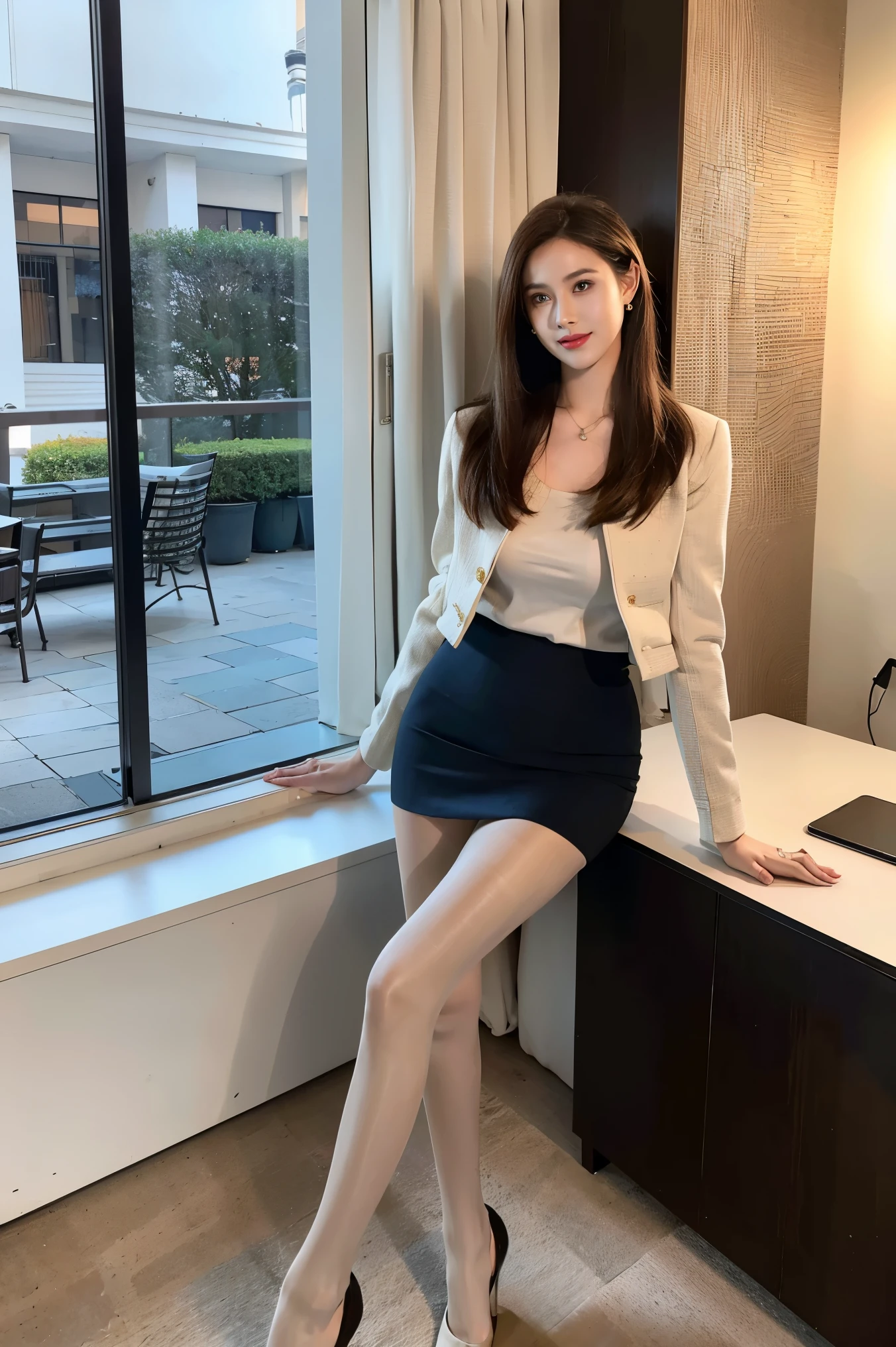 1 girl,(European model:1.3),31 years old,exquisite,Business womenswear,(jacket:1.1),(shirt:1.1),(Wrap skirt:1.1),Accessories,jewelry,briefcase,knitwear,,black stockings，goosebumps,goose-flesh，（fidelity：1.3），filigree，quality，（masterpiece：1.2），（fidelity：1.2），（best quality），（Skin details：1.3），（intricate details），drama，Ray tracing，photo，bathed in light and shadow，visual novel，The boss's office for a skyscraper，Window with city view，film grain，Depth of field 100mm，Flick，full-body shot，skin tone，High heel, opening her mouth, sweating a lot