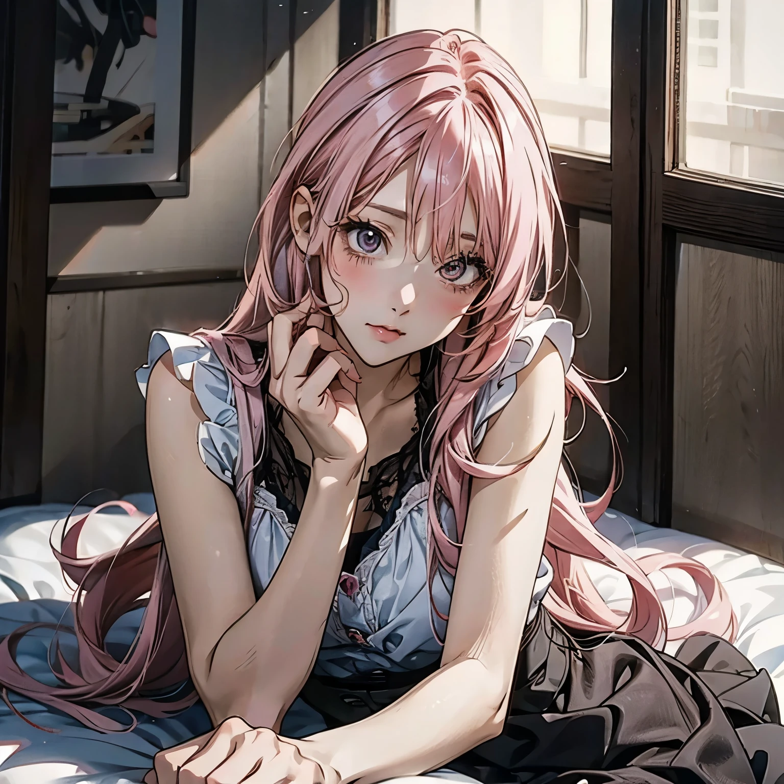   anime girl  with pink hair sitting on the floor in front of a table, Anime image of a woman lying in bed with a 、Ino, Pixiv,  realism, seductive   anime girl , beautiful   anime girl  squatting, Anime Style 4 k, beautiful   anime girl , Anime Style. 8k, Nightcore,   anime girl  with long hair,  realistic anime art style , cute   anime girl ,   anime girl 