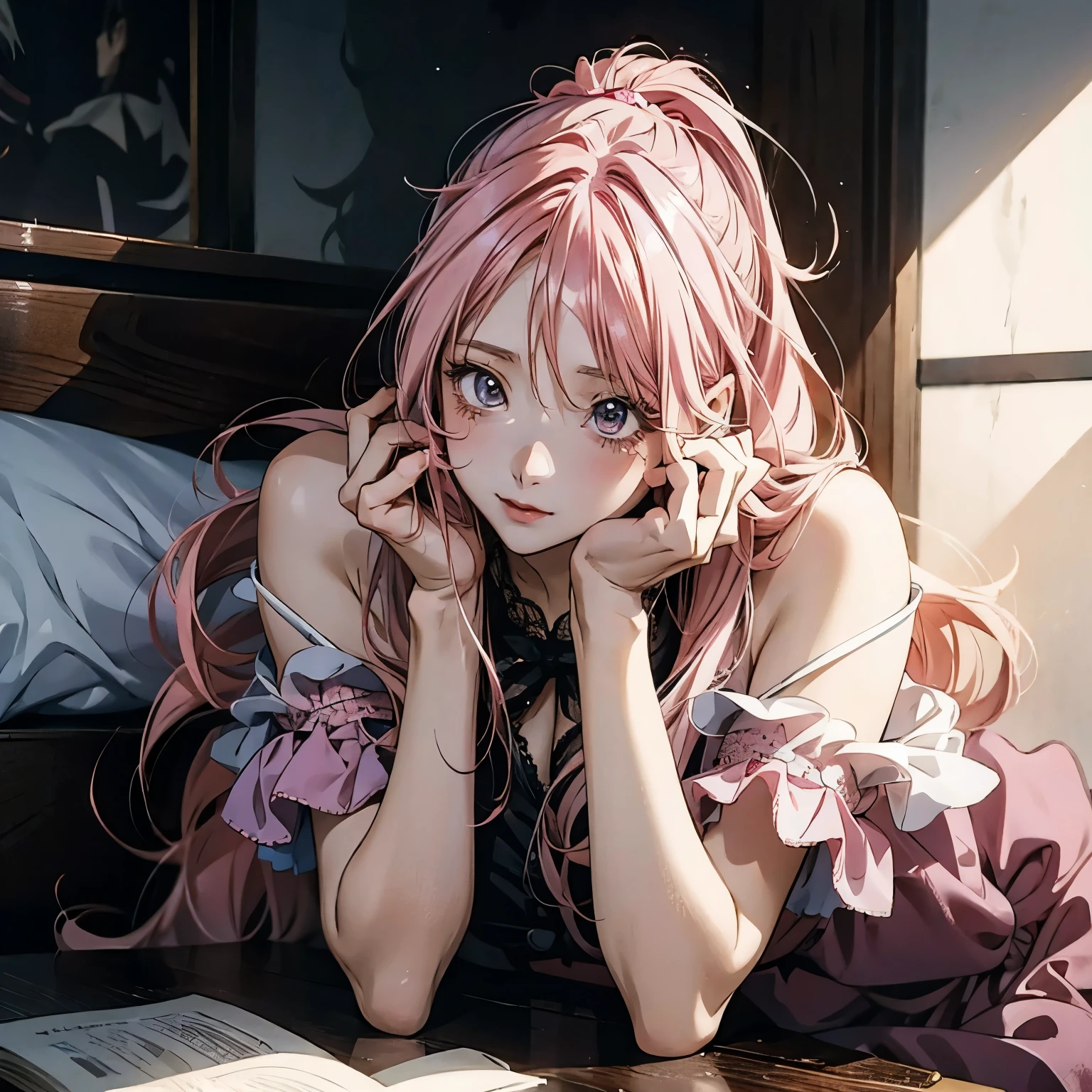   anime girl  with pink hair sitting on the floor in front of a table, Anime image of a woman lying in bed with a 、Ino, Pixiv,  realism, seductive   anime girl , beautiful   anime girl  squatting, Anime Style 4 k, beautiful   anime girl , Anime Style. 8k, Nightcore,   anime girl  with long hair,  realistic anime art style , cute   anime girl ,   anime girl 