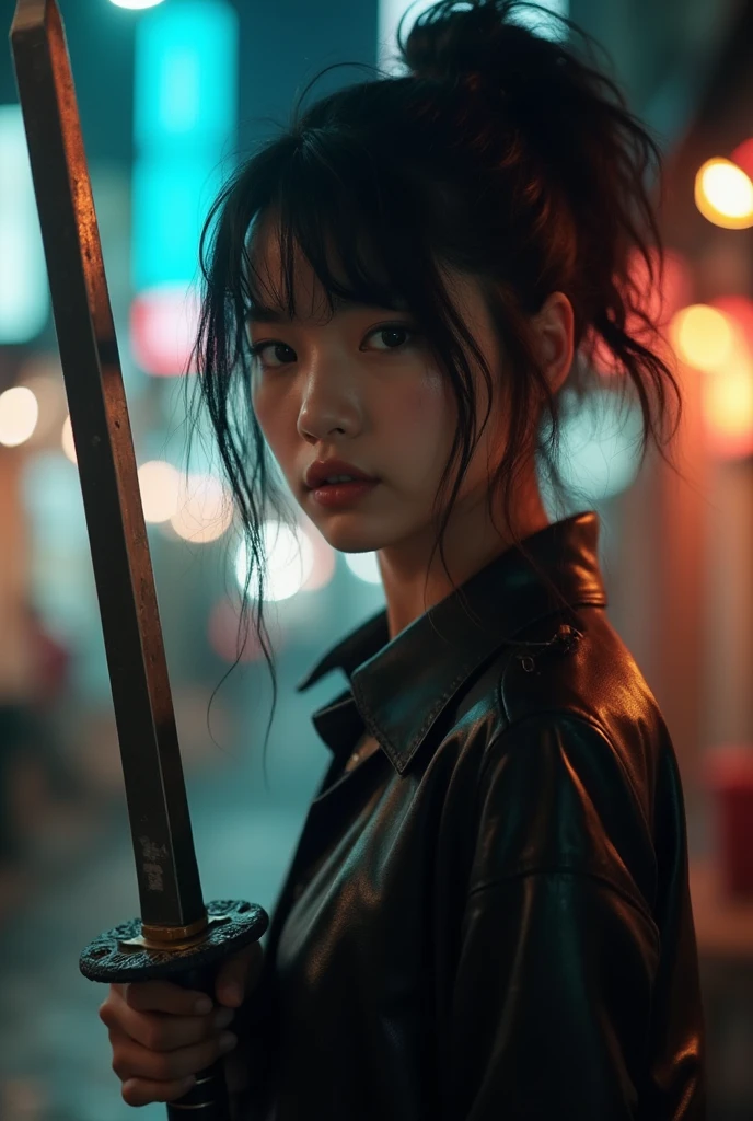  Cinematic photography , motion blur, KATANAKOM HELD BY A THAI GIRL,  sharp focus at Katana sword , She has messy black hair ,  she wears a sexy leather shirt ,  set in a modern night city , Bokeh, Bright light