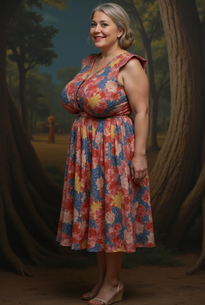 a realistic photo, full body portrait, ((elderly)) woman, thin body, super huge full round, graying hair, deep blue eyes, happy smile, perfect face, flawless face, face restoration applied, colorful flare skirt shirtwaist dress, wedge heels, ((huge breasts)), (((gigantic breasts))), profile view, (hyper busty), (((huge well rounded granny milkers))), very elderly, best quality, real, lifelike, actual photo, tack, sharp, nature, complex background, cinematic, filmic, highly detailed, taken with Canon EOS Rebel T5i 70.0mm 1/400s F5.0 ISO12800, 32k UHD photo, hyper realistic textures, masterpiece, sharp focus