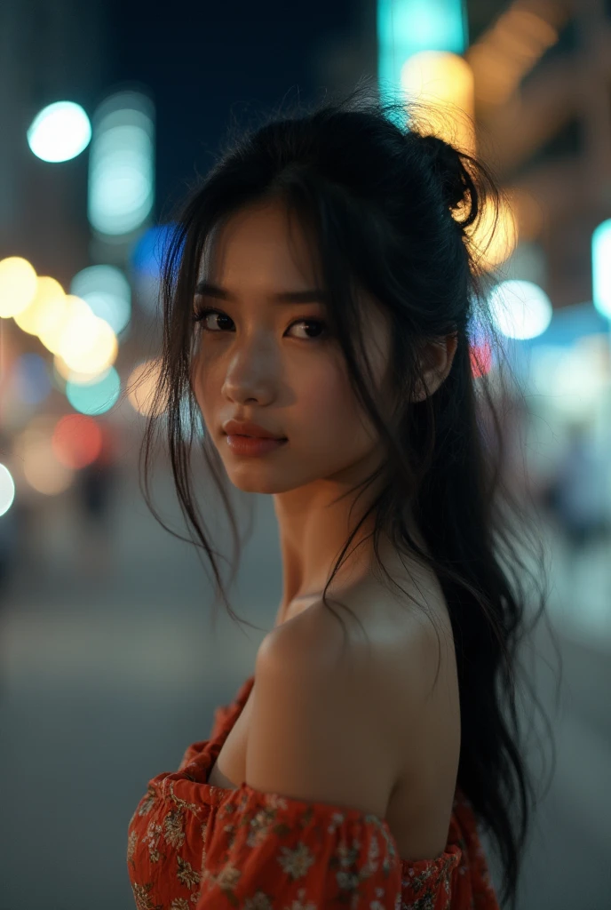  Cinematic photography , motion blur, Thai girl ,  She has messy black hair , She was wearing a Thai dress.,  set in a modern night city , Bokeh, Bright light