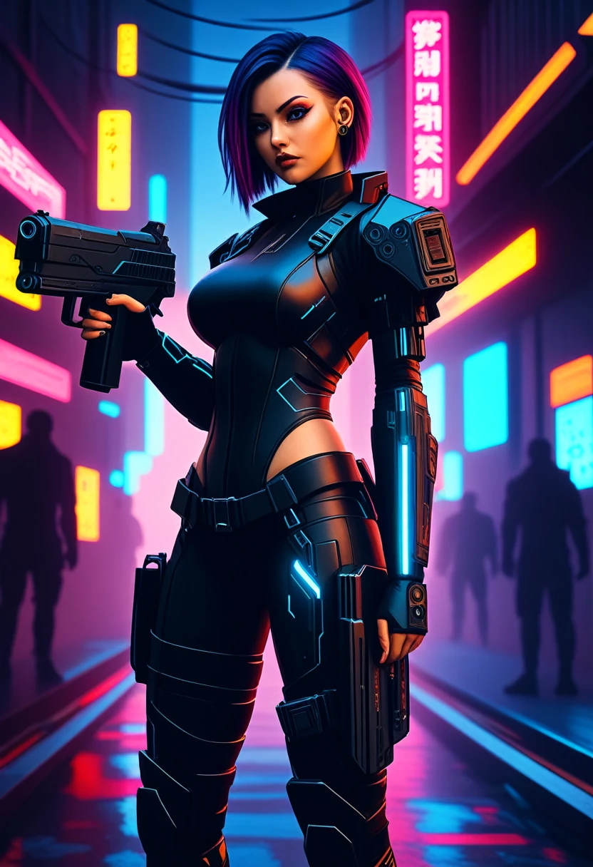 a girl in a leather outfit holding a gun in a city, in cyberpunk style, has cyberpunk style, cyberpunk girl, cyberpunk photo, cyberpunk art style, cyberpunk girl, female cyberpunk, more and more cyberpunk, cyberpunk women, cyberpunk vibes, cyberpunk themed art, hyper-realistic cyberpunk style