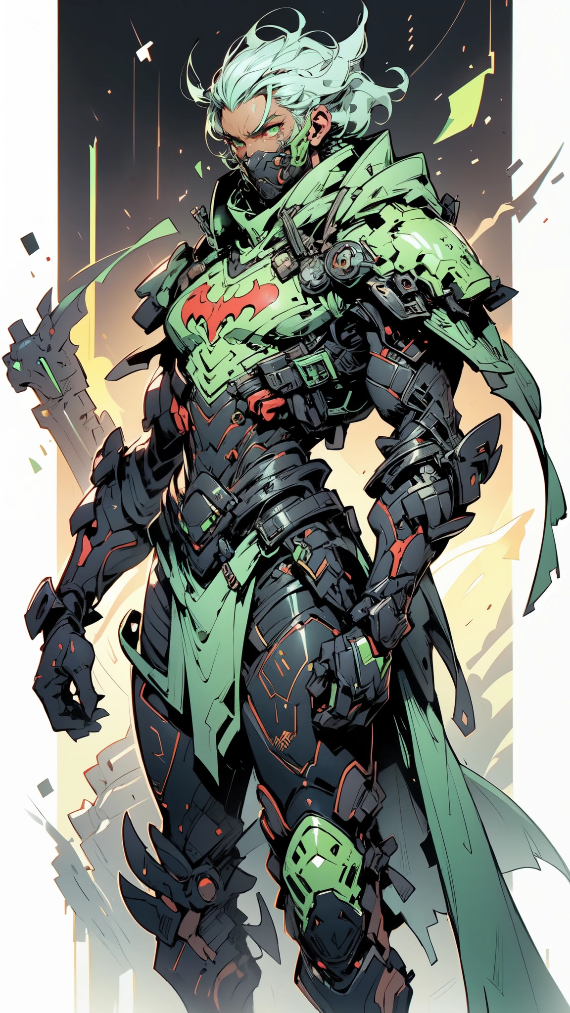 (masterpiece:1.5, best quality:1.5, extremely delicate:1.5), ((male:1.5)), a man wearing a full-face helmet, green eyes, fantasy-style high-tech biomimetic armored combat suit, (a composite layered chest armor), the design balances heavy with agility, fully enclosed shoulder guards, matching arm and leg guards, a belt of gemstone, (the color scheme is primarily Scarlet with Green and White accents, Organic Biotech, Concept Inspired by Batman, glowing eyes, armor glows, stand of a futuristic sci-fi city), this character embodies a finely crafted fantasy-style armored hero in anime style, exquisite and mature art style, metallic, high definition, highres, ultra-detailed, ultra-fine painting, professional, perfect body proportions, golden ratio, anatomically correct, symmetrical face, extremely detailed eyes and face, high quality eyes, creativity, RAW photo, UHD, 32k, Natural light, cinematic lighting, masterpiece-anatomy-perfect