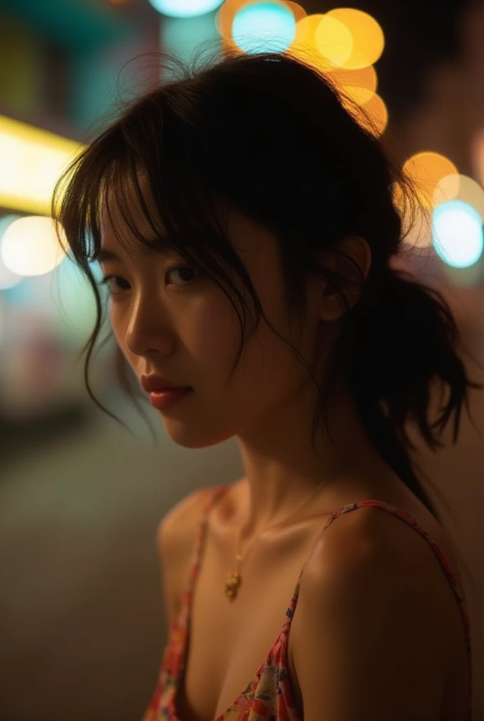  Cinematic photography , motion blur, Thai girl ,  She has messy black hair , She was wearing a Thai dress., Set in Yaowaraj at night, Bokeh, Bright light