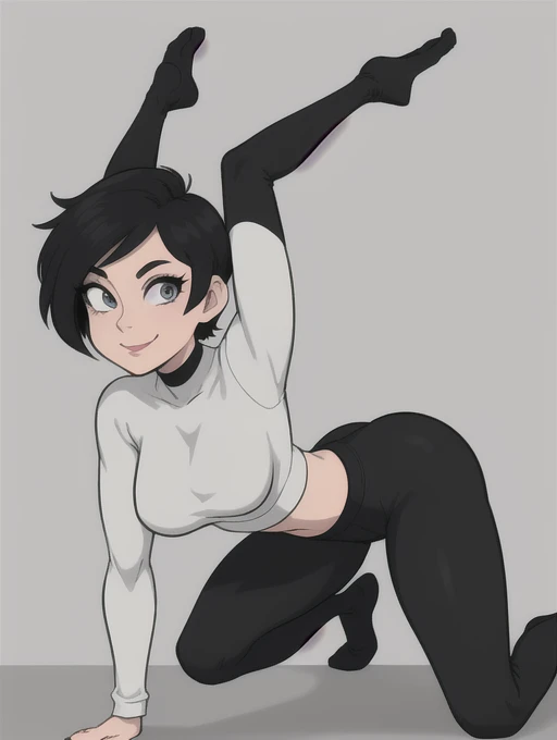 Lois Lane, 1girl, very short black hair, toon (style), small breasts, solo, perfect female anatomy, makeup, flat color, black lipstick , black yoga pants, grey eyes, black tight long sleeve croptop, looking at viewer, light smile, masterpiece. Manga style art 