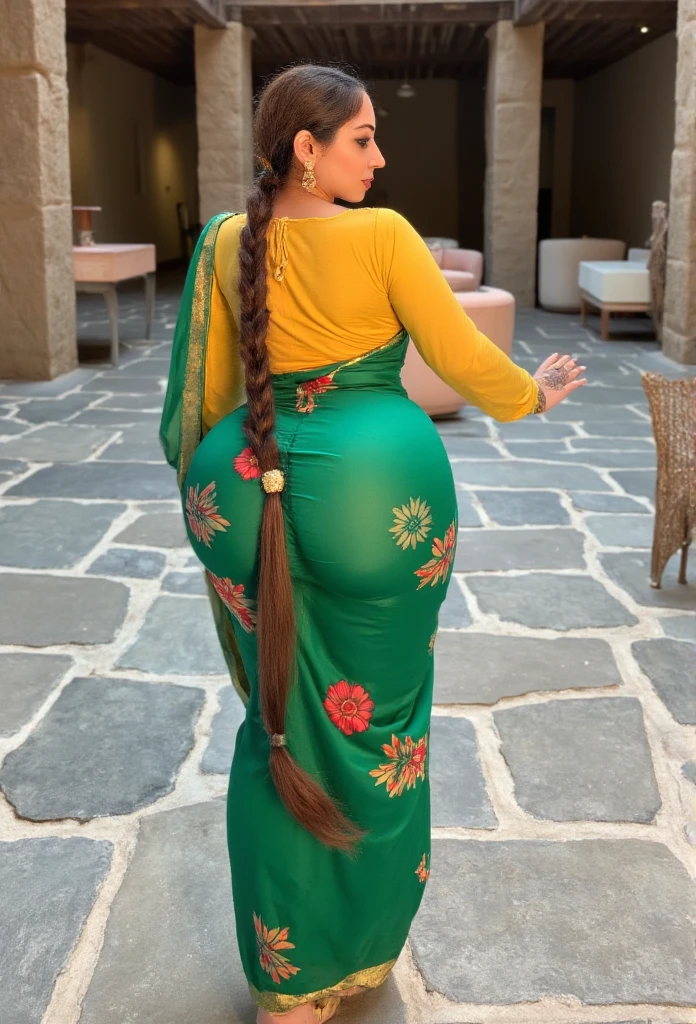 Here’s an updated prompt with a focus on the character’s long, slender braid reaching between her back and down to her knees:

---

**Tags**  
(score_9, score_8_up), Pakistani Muslim woman, back view, *lavani* saree, traditional attire, fair skin tone, voluptuous figure, yellow blouse, modest neckline, green *lavani* saree, smooth drape, floral patterns, gold trim, gold jewelry, nose ring, bangles, necklace, long slender braid, braid resting between buttocks, braid reaching knees, serene expression, rural courtyard, stone floor, rustic setting, graceful pose, cultural beauty, elegant flow, vibrant colors, traditional attire

**Description**  
The scene portrays a Pakistani Muslim woman in a traditional *lavani* saree, captured from the back as she stands gracefully in an outdoor courtyard. Her fair skin and voluptuous figure are accentuated by the smooth, flowing green saree, which drapes elegantly over her waist and hips, falling smoothly without clinging tightly to her figure. Her blouse is a deep yellow with a modest neckline, creating a vibrant contrast with the saree’s green hue and intricate floral patterns bordered with gold trim. The highlight of her appearance is her long, slender braid, which falls between her shoulders, resting naturally between her buttocks and extending down to her knees. The braid’s length and gentle curve enhance her graceful silhouette, adding a soft, flowing element to her appearance. She wears traditional gold jewelry, including a nose ring, bangles, and a delicate necklace that catch the light, adding elegance to her attire. The serene expression, suggested by her relaxed posture, exudes a sense of calm and beauty in this rural, rustic courtyard. Stone flooring and wooden elements in the background evoke a traditional setting, with the vibrant greens, yellows, and reds of her attire enhancing the scene's festive, cultural ambiance.