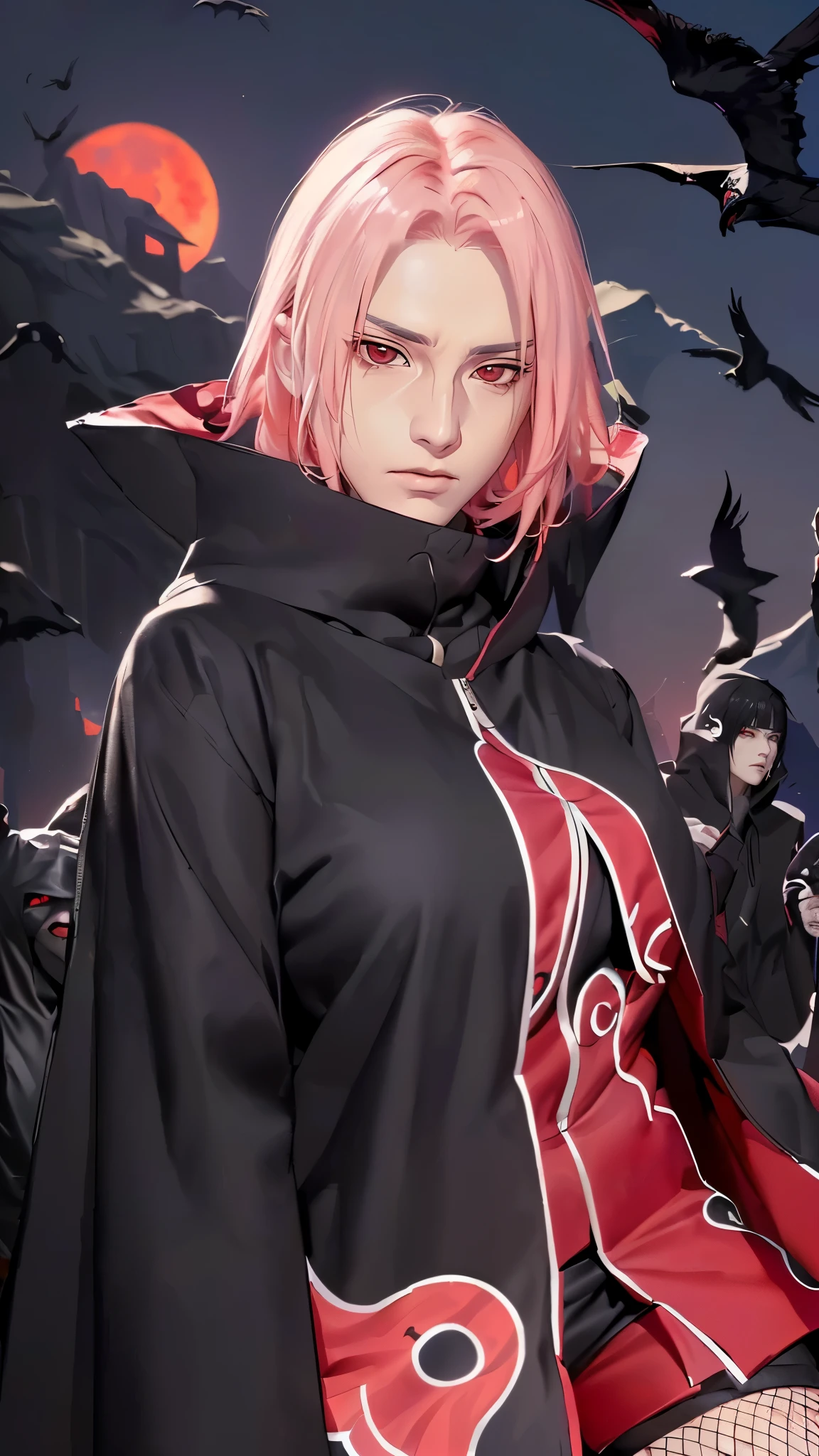 (((figure,御姐figure,White and tender skin,(((akatsuki outfit,coat, cloak, black coat, black cloak, ( Xiao uniform :1.5),))),(((Sasuke Boruto,sakura warshippuden, red eyes, bangs,Pink short hair))),,((masterpiece)), highres icon,((Best quality at best)),masterpiece,quality,Best quality,((( to the audience,Light in the eyes,sneer))), huge chest,Backlight,The light is very dim,look up,From above,crow,Red Moon,The background of depression and horror)))
